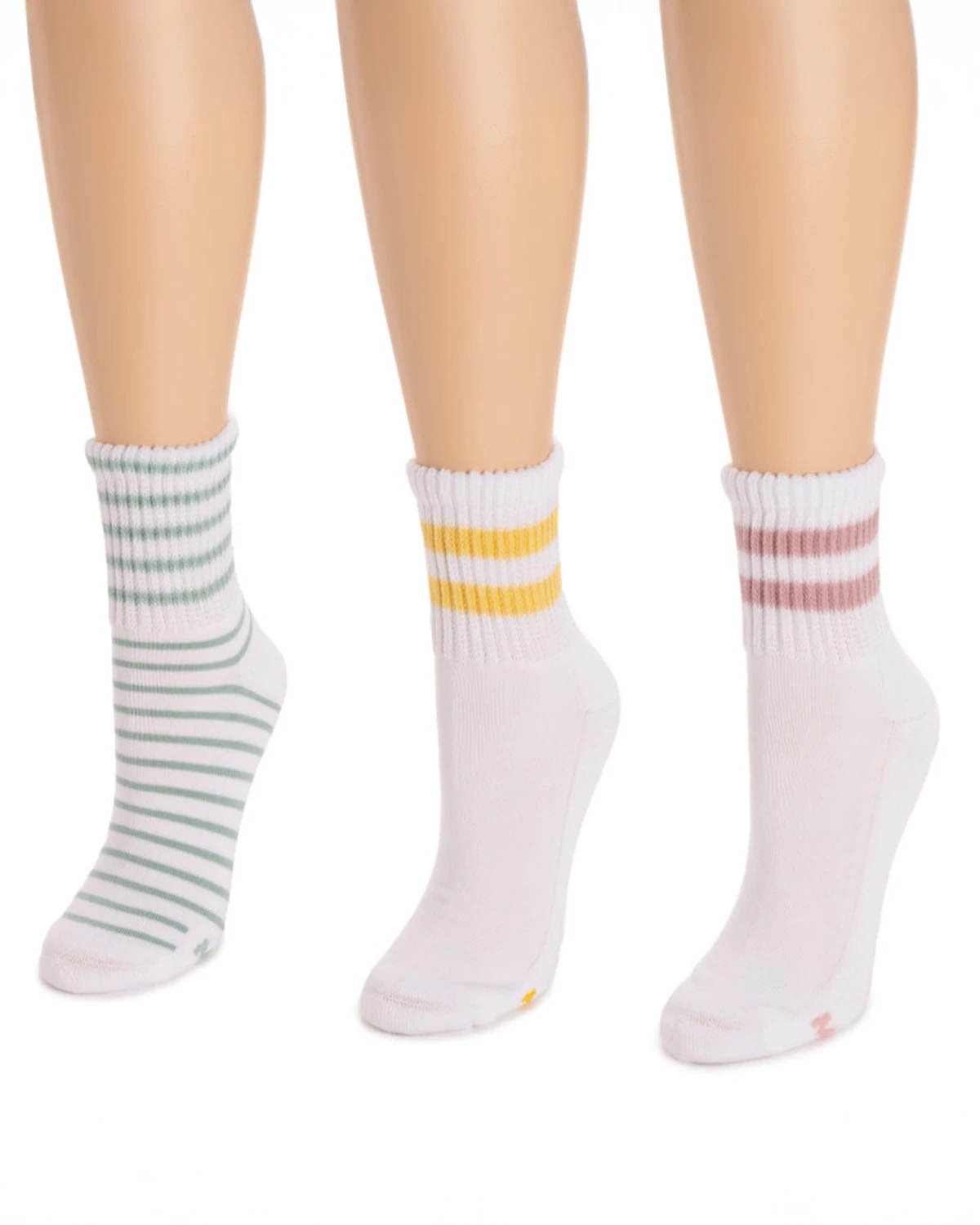 Pink/Yellow/Green Pack $|& MUK LUKS 3PK Cotton Quarter Crew withWide Ribbed Cuff Socks - VOF Detail