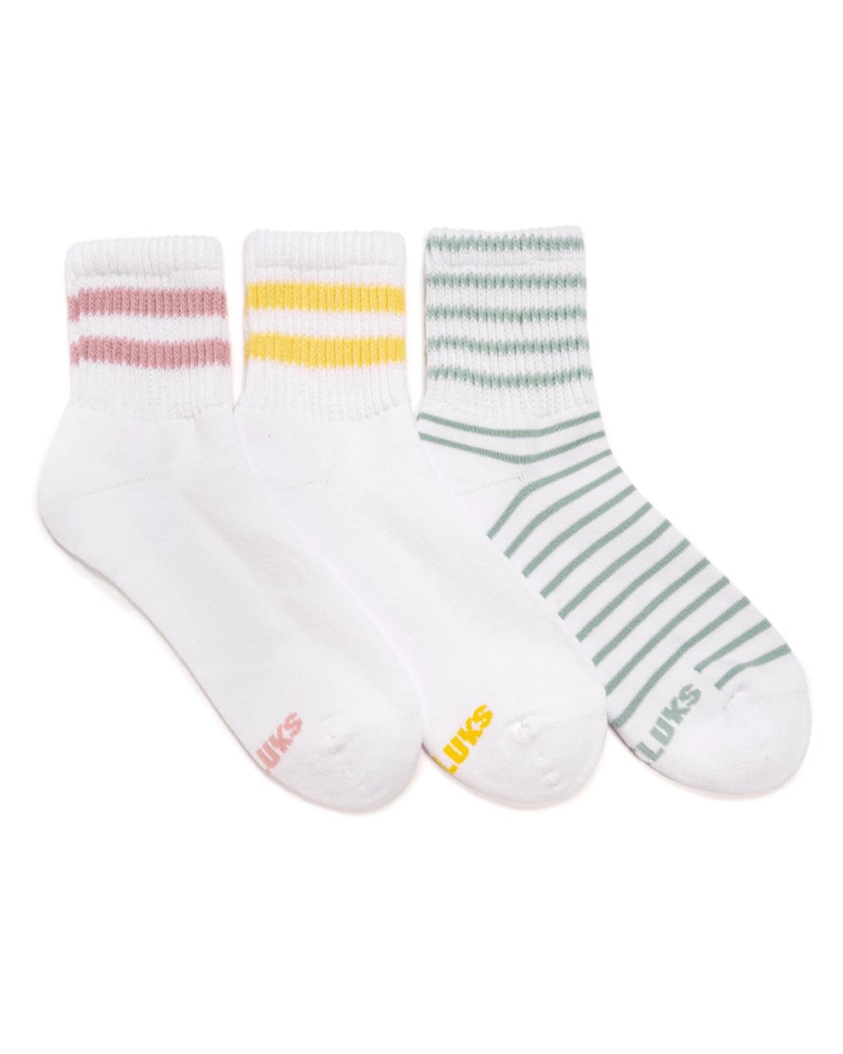 Pink/Yellow/Green Pack $|& MUK LUKS 3PK Cotton Quarter Crew withWide Ribbed Cuff Socks - VOF Detail
