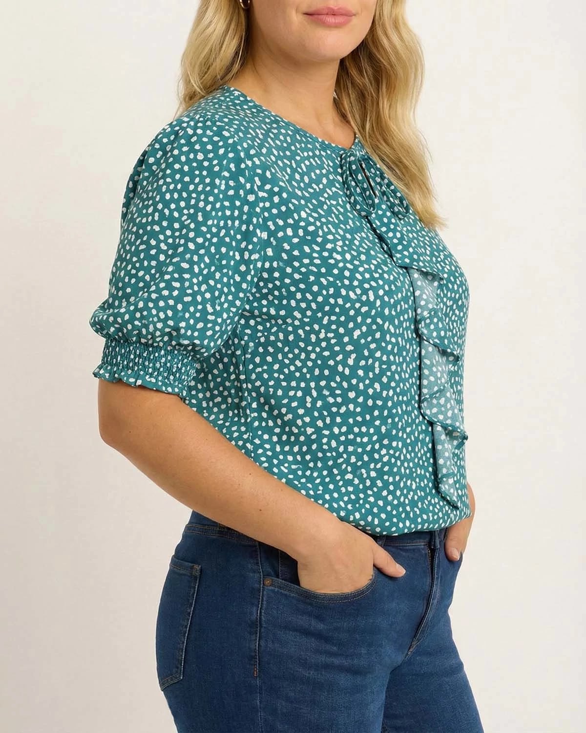 Green Dots $|& West Kei Printed Woven Smocked Sleeve Front Ruffle Top - Hanger Front