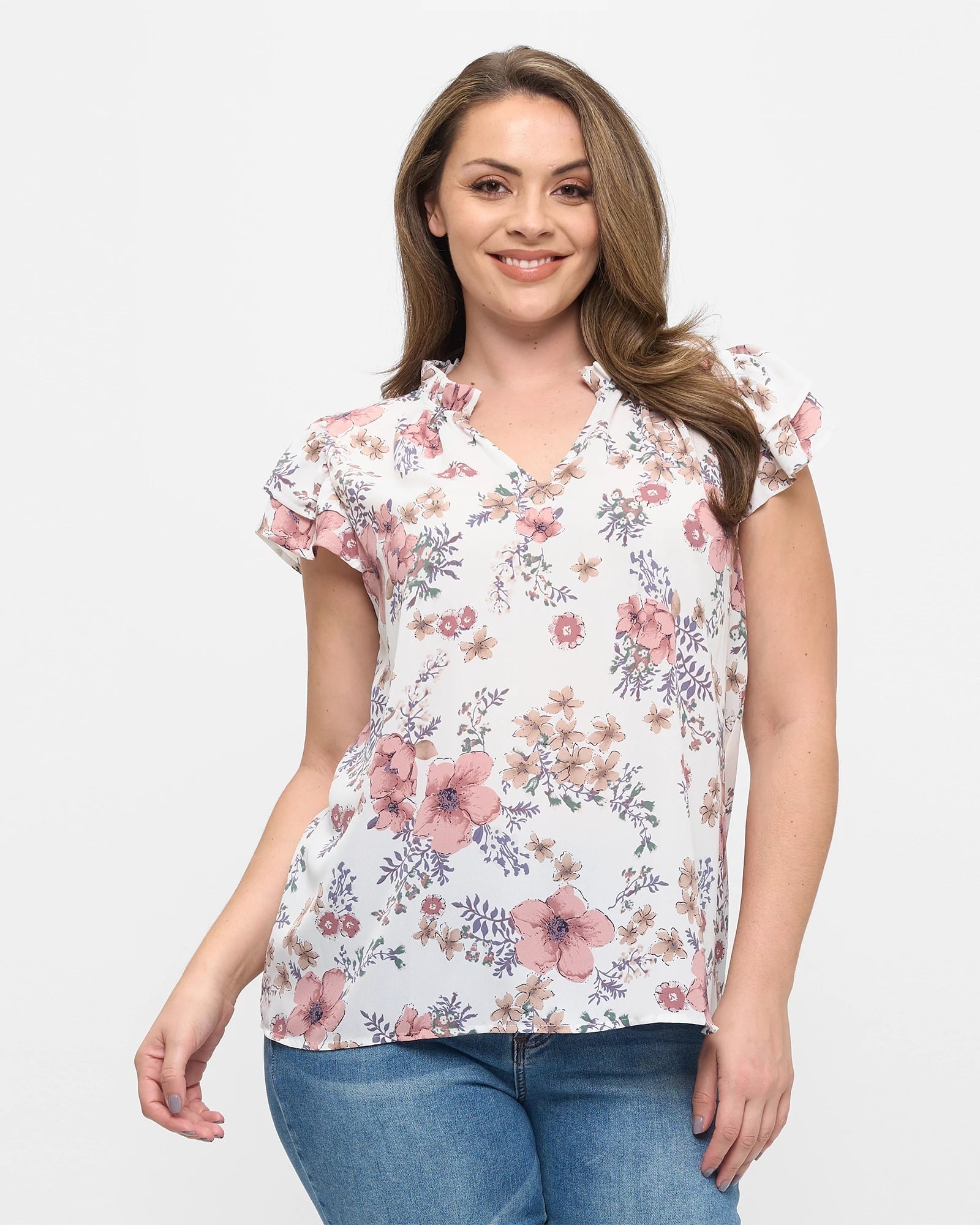 White Floral $|& West Kei Floral Woven Flutter Sleeve Top - VOF Detail