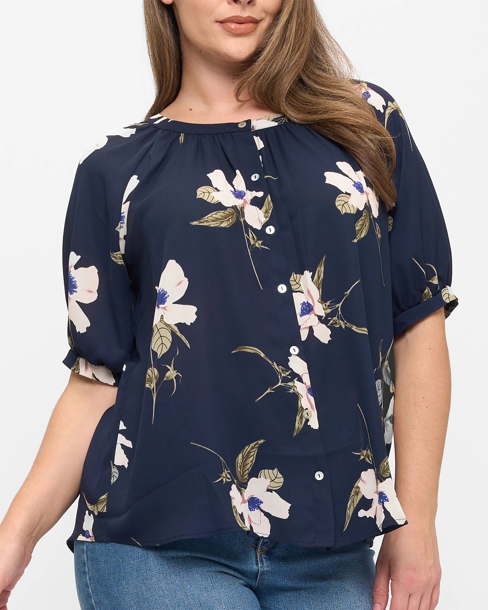 Navy Floral $|& West Kei Floral Woven Short Sleeve Button Front Top - VOF Detail