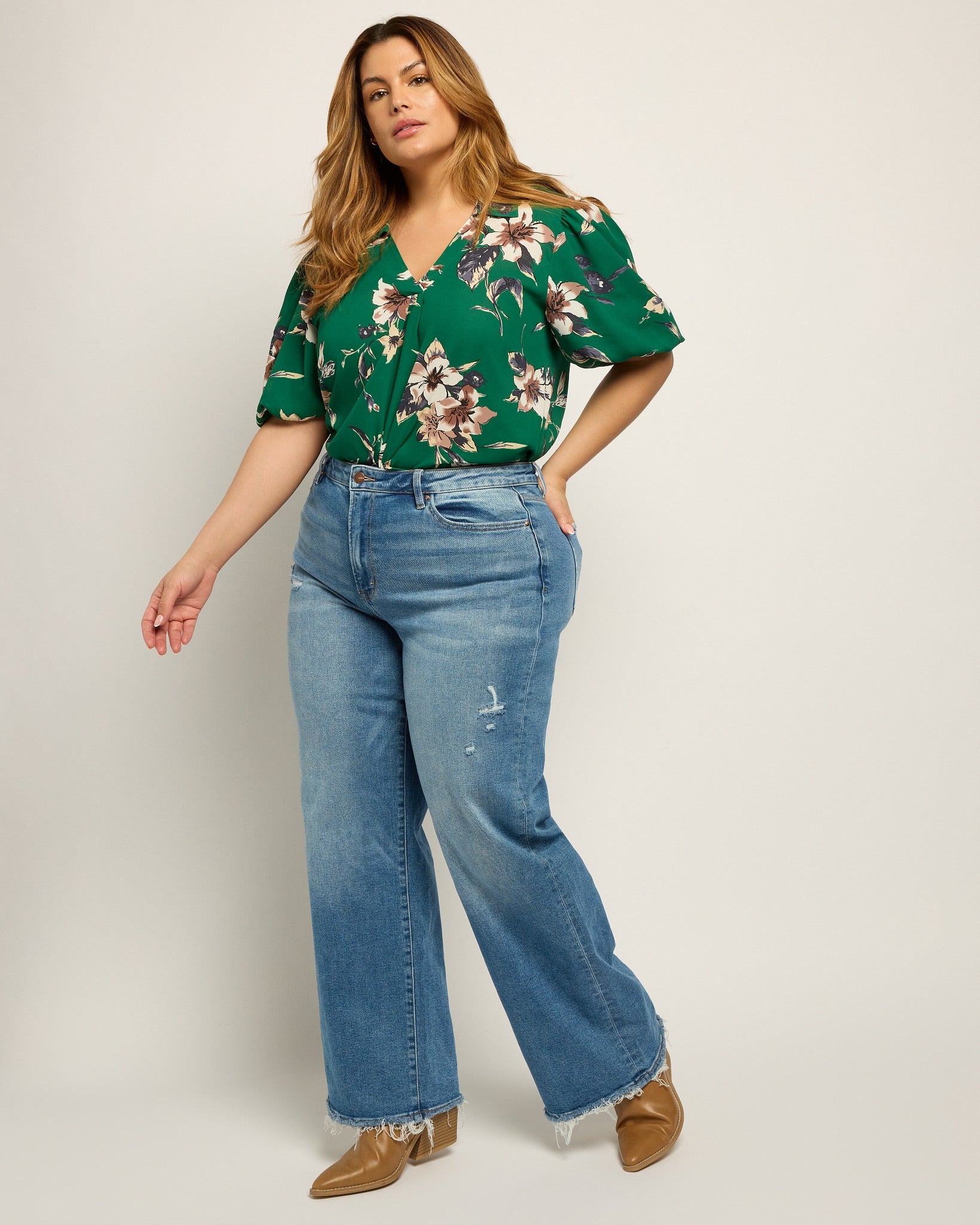 Green Floral $|& West Kei Floral Woven Puff Sleeve Collared Top - UGC On Fig