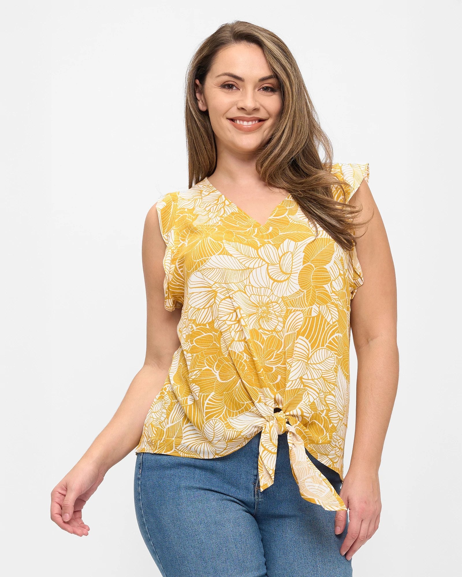 Yellow Floral $|& West Kei Sleeveless Floral Woven Tie Front Top - VOF Detail