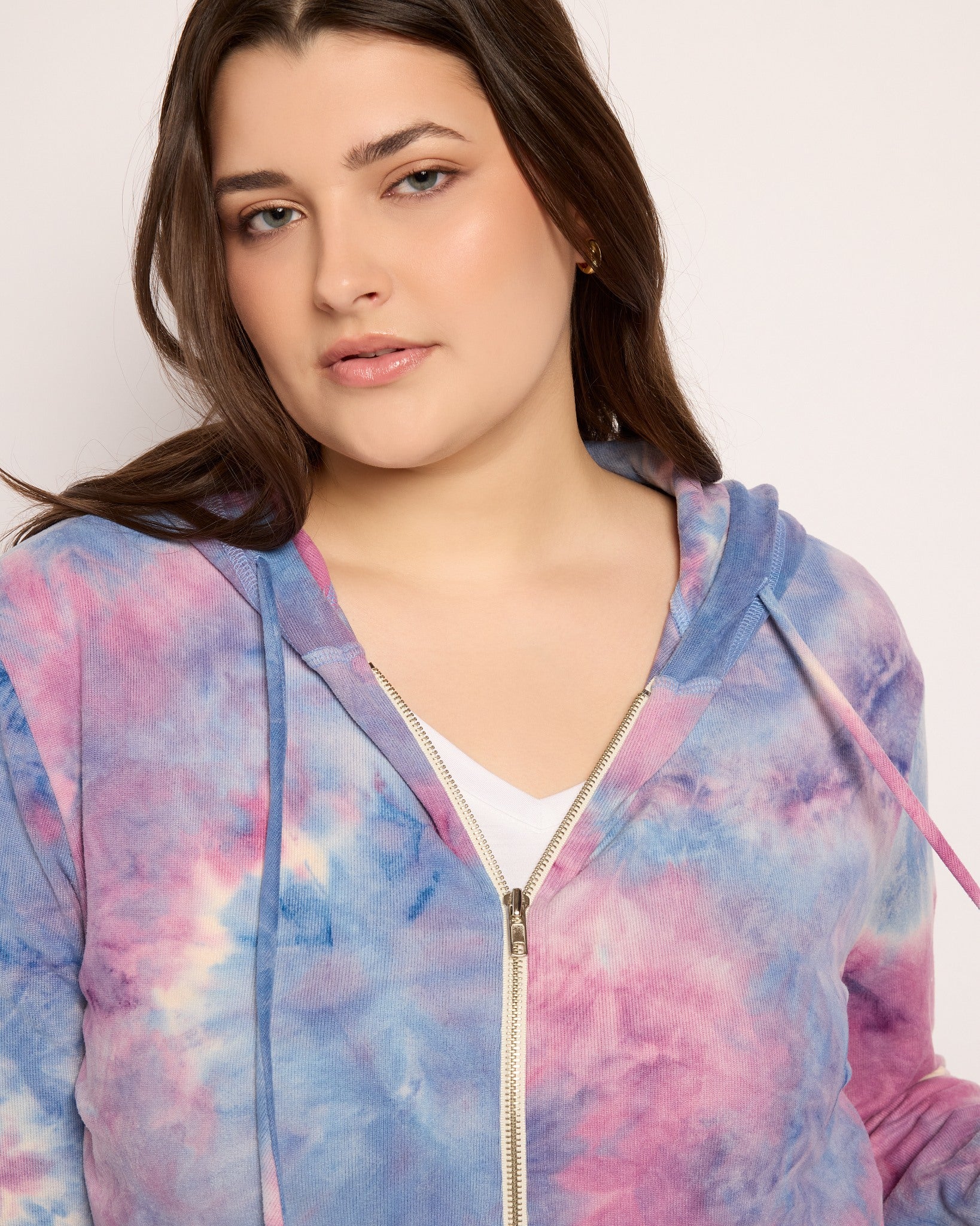 Ivory Navy Purple Tie Dye $|& SEAS Tie Dye Sweater Knit Full Zip Hoodie - SOF Full Front