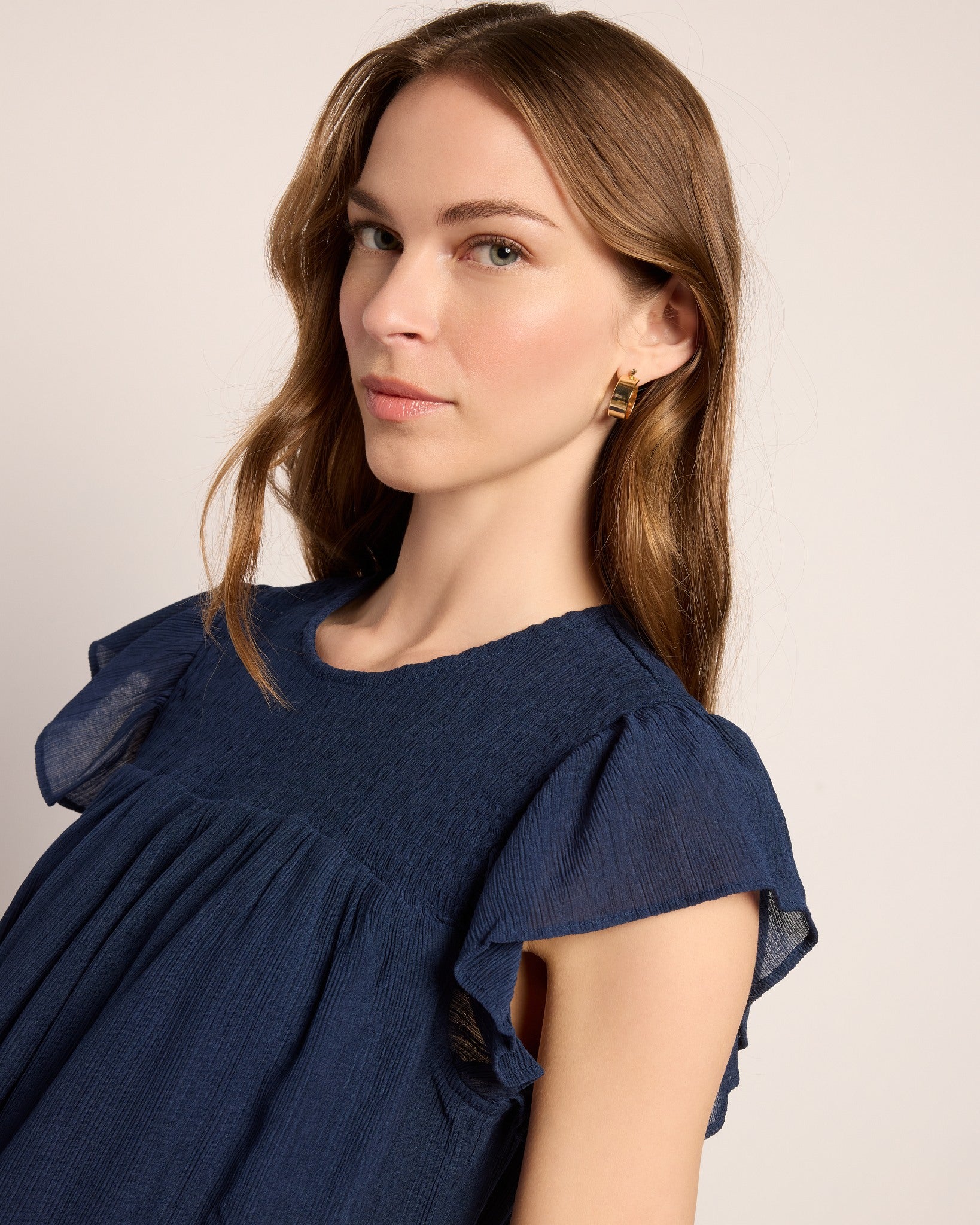 Navy $|& Skies Are Blue Smocked Yoke Top - SOF Full Front
