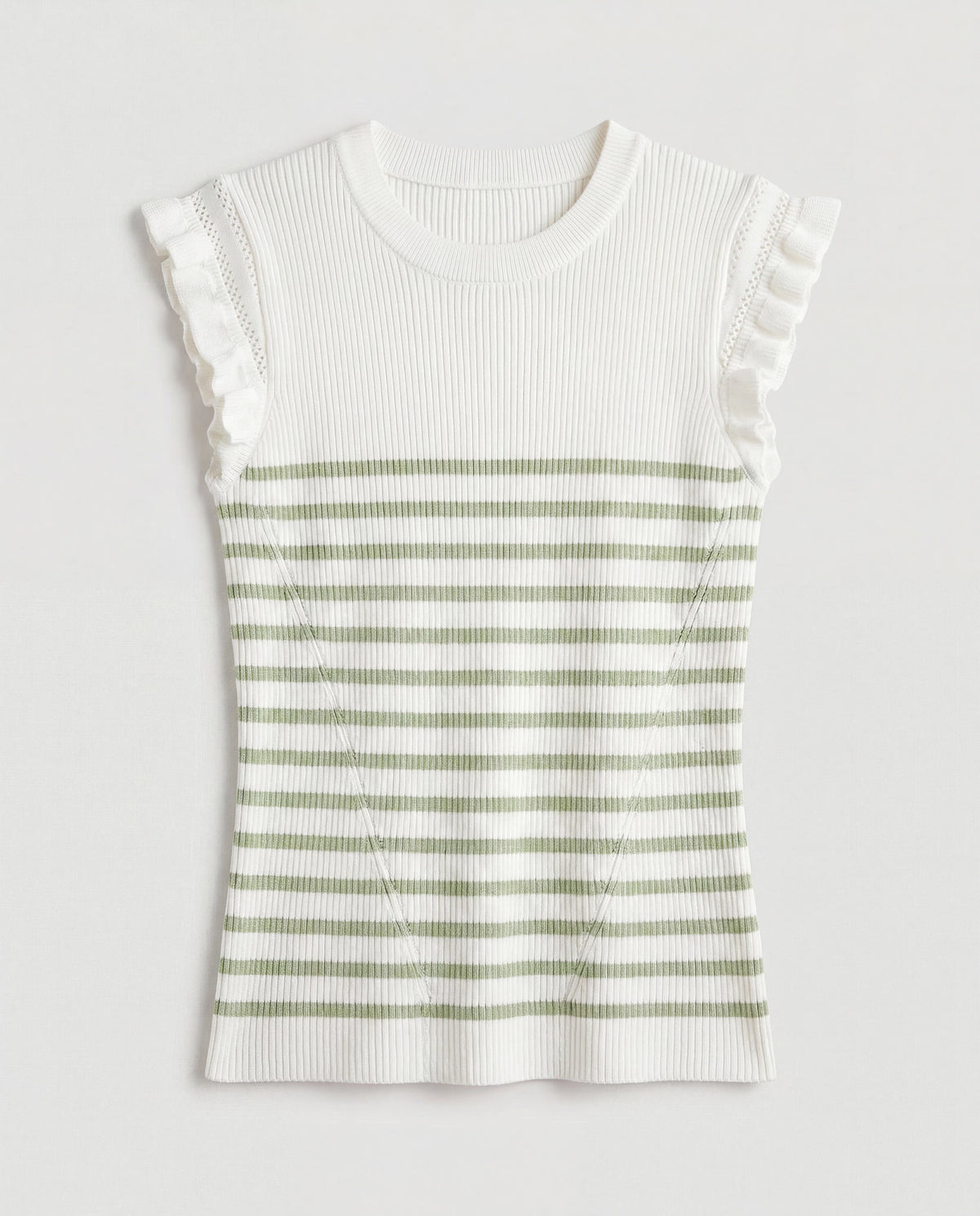 Ivory-Sage $|& Skies Are Blue Ruffle Sleeve Ribbed Striped Top - Hanger Detail
