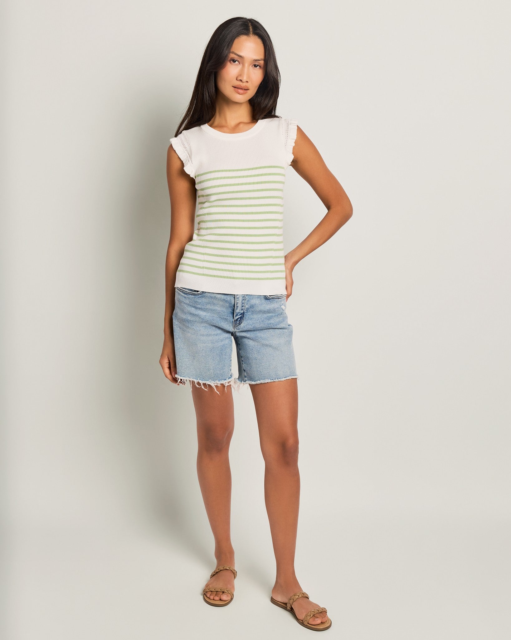 Ivory Sage $|& Skies Are Blue Ruffle Sleeve Ribbed Striped Top - UGC On Fig