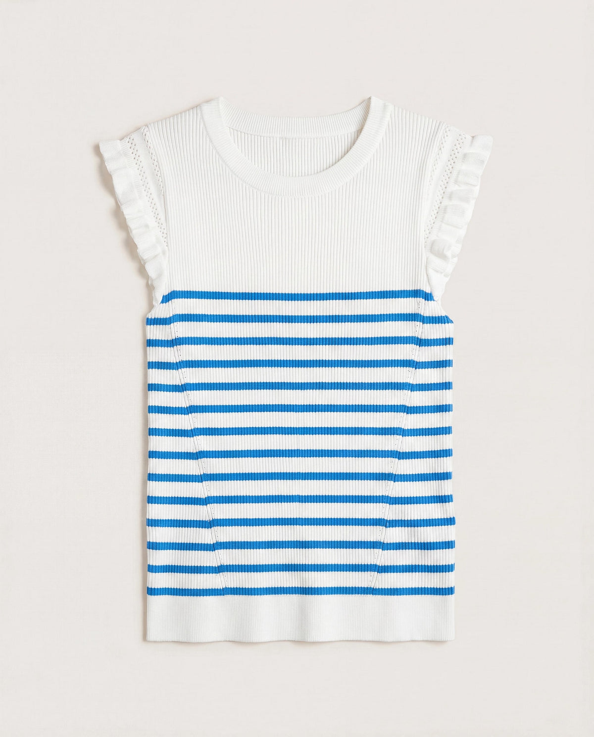 Ivory-Blue $|& Skies Are Blue Ruffle Sleeve Ribbed Striped Top - SOF Front