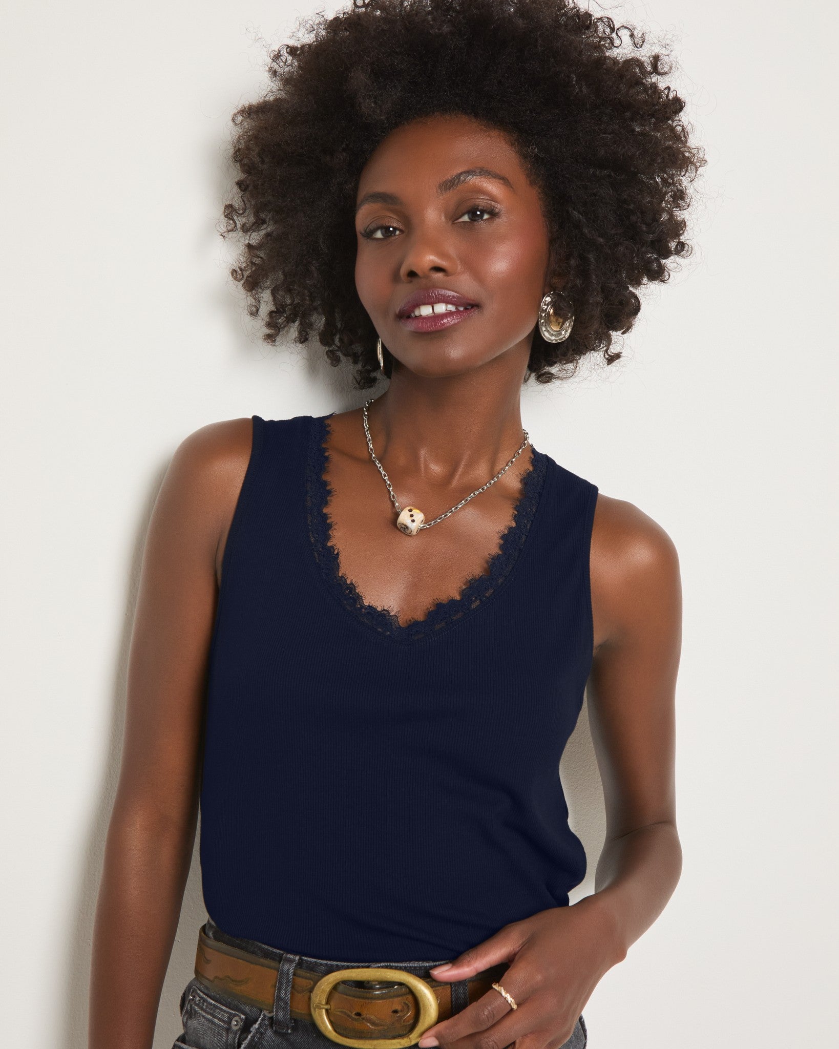 Navy $|& SEAS Whitecap Lace Trim Tank - SOF Front