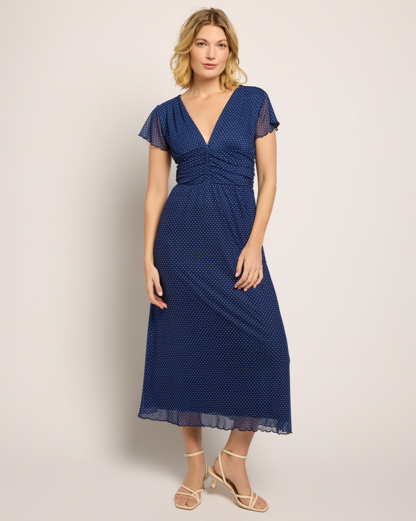 Navy $|& Loveappella Deep V Pindot Midi Dress - SOF Front