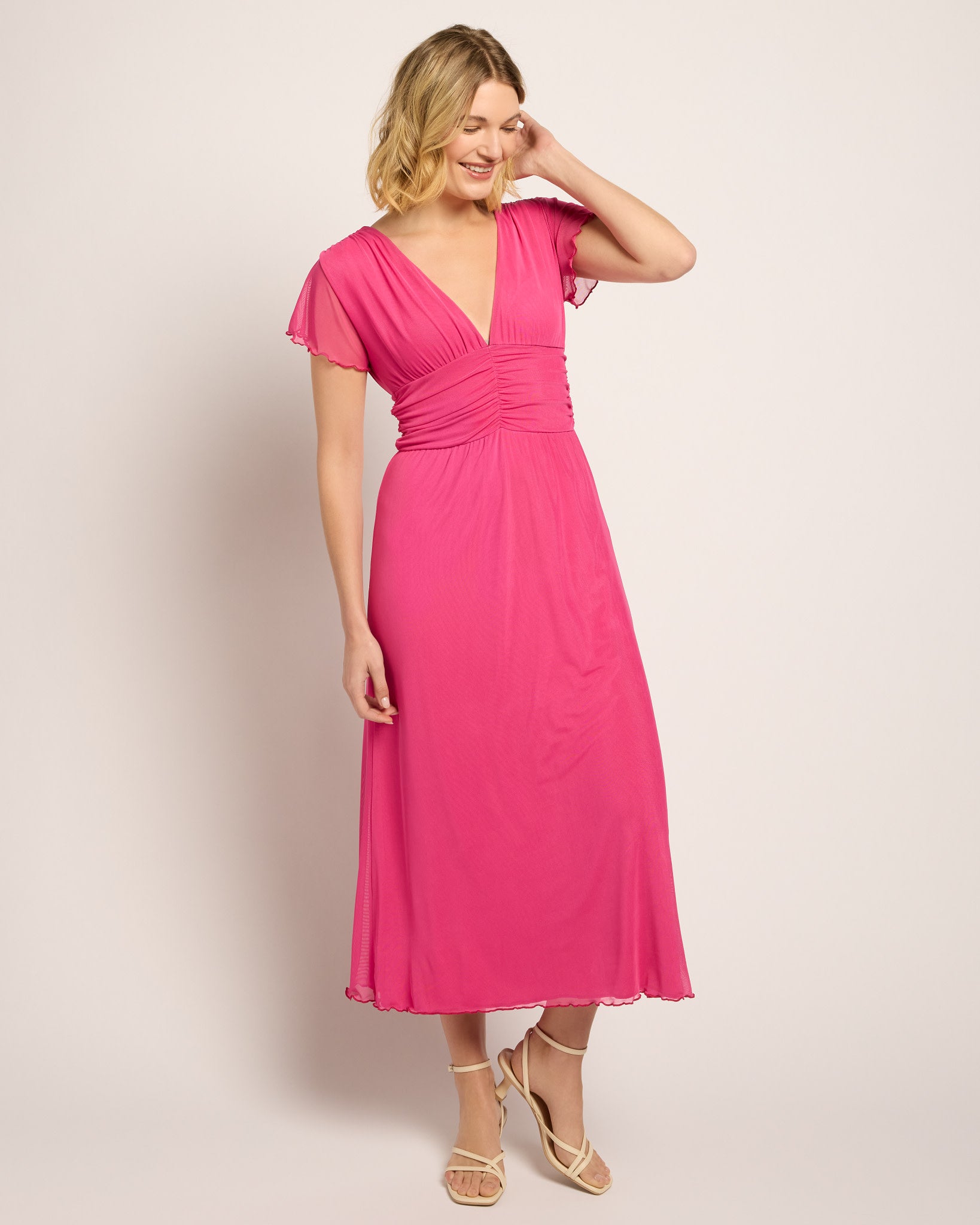 Magenta $|& Loveappella Deep V Midi Dress - SOF Front