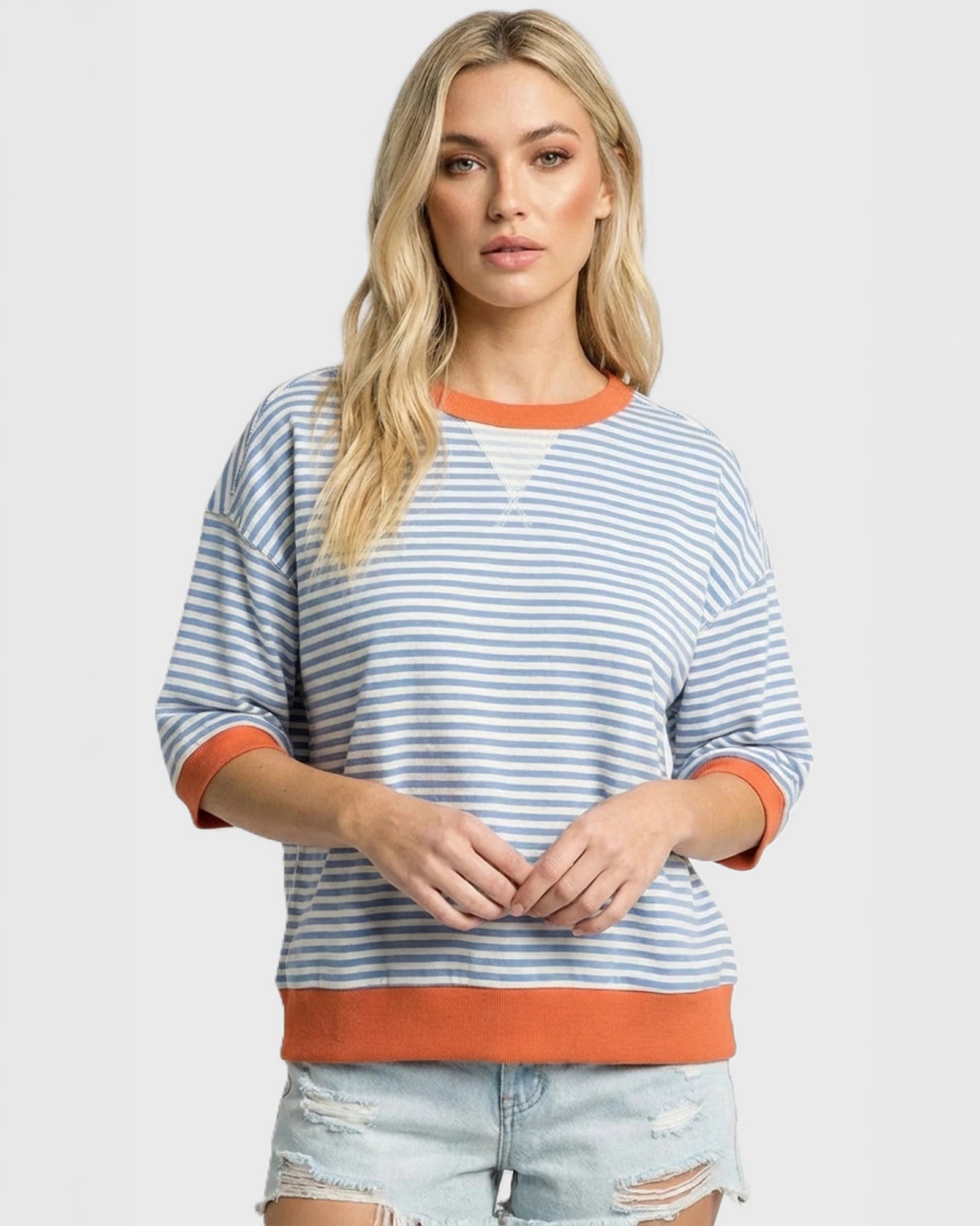 Blue/Orange $|& Staccato Stripe Contrast Sweatshirt - VOF Detail