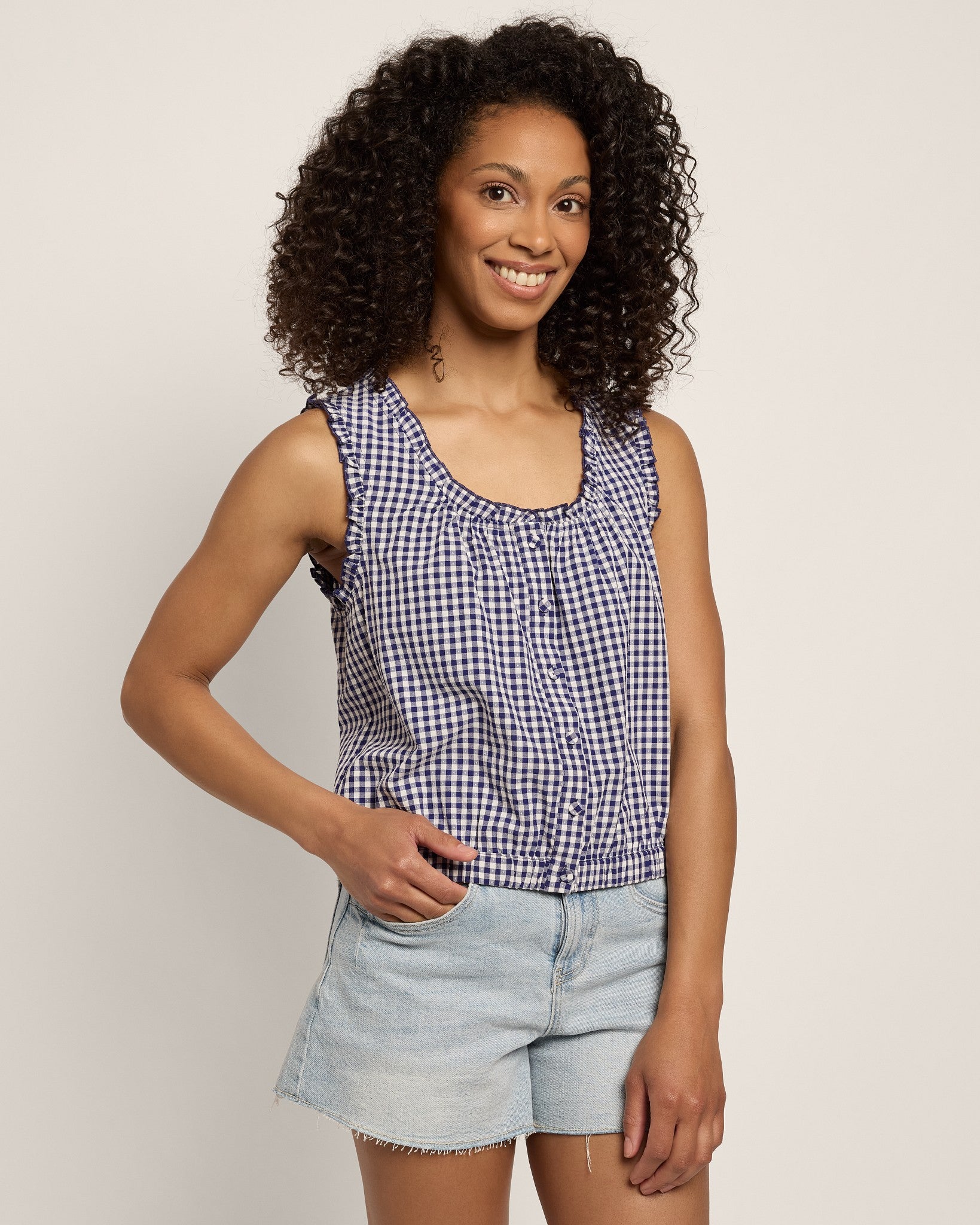 Navy/White $|& Skies Are Blue Gingham Button Top - SOF Front