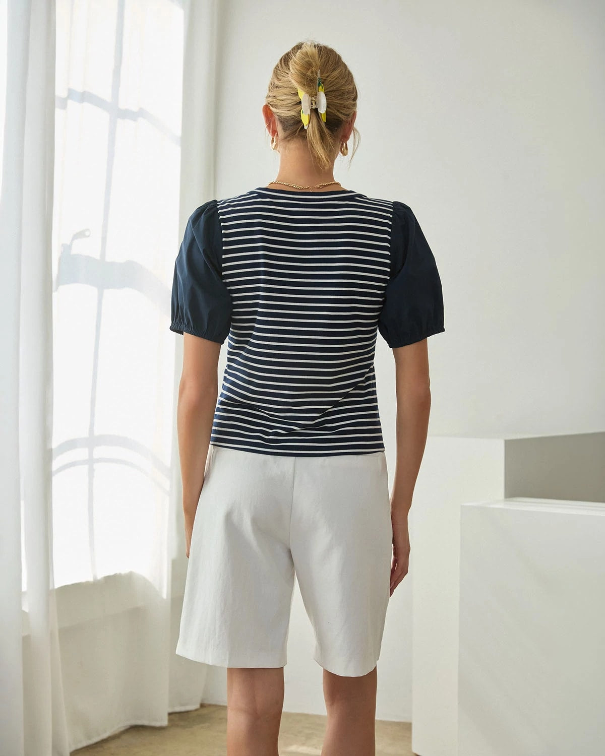 Navy/White $|& Skies Are Blue Stripe Knit Top with Contrast Sleeve - Hanger Side