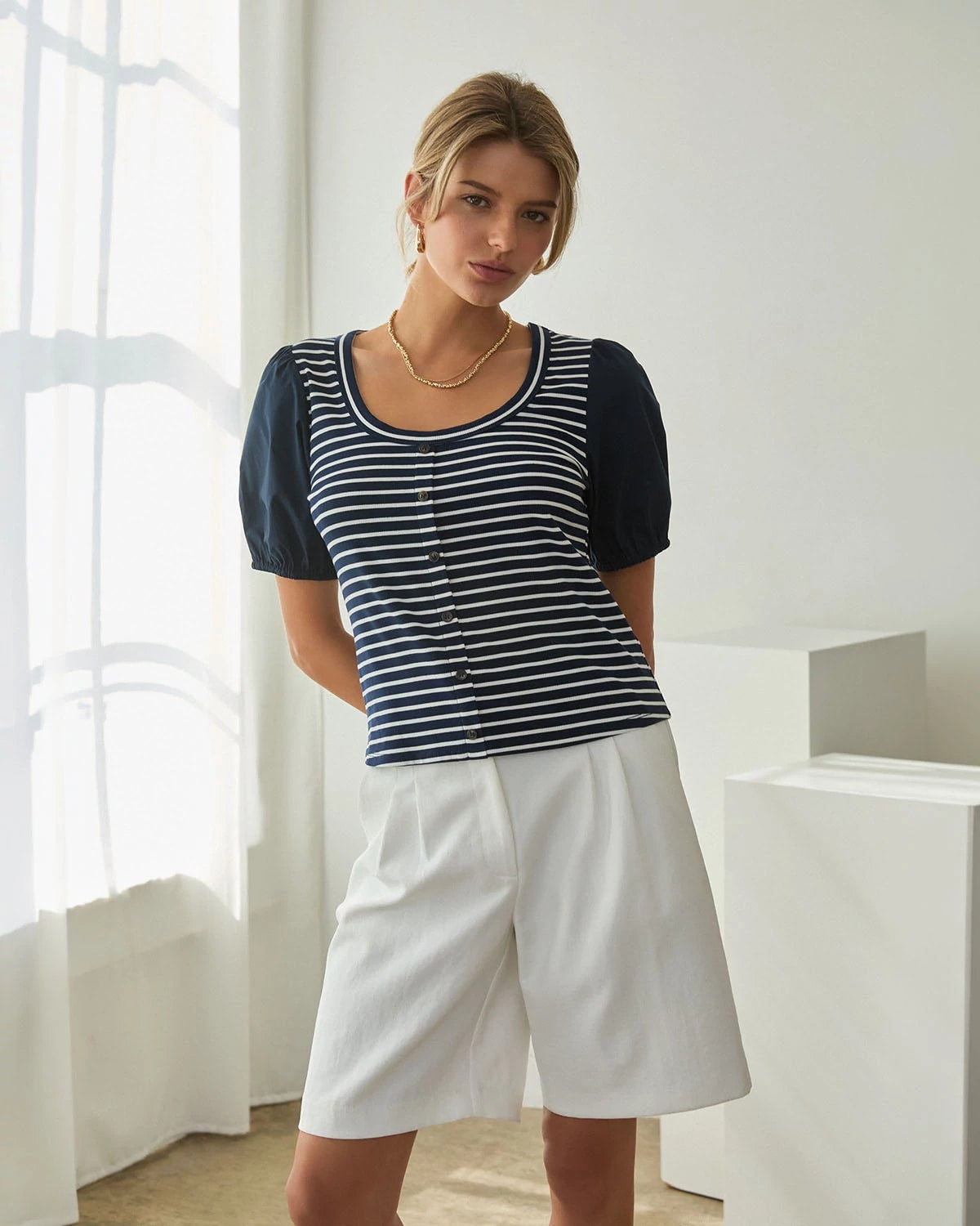 Navy/White $|& Skies Are Blue Stripe Knit Top with Contrast Sleeve - VOF Detail