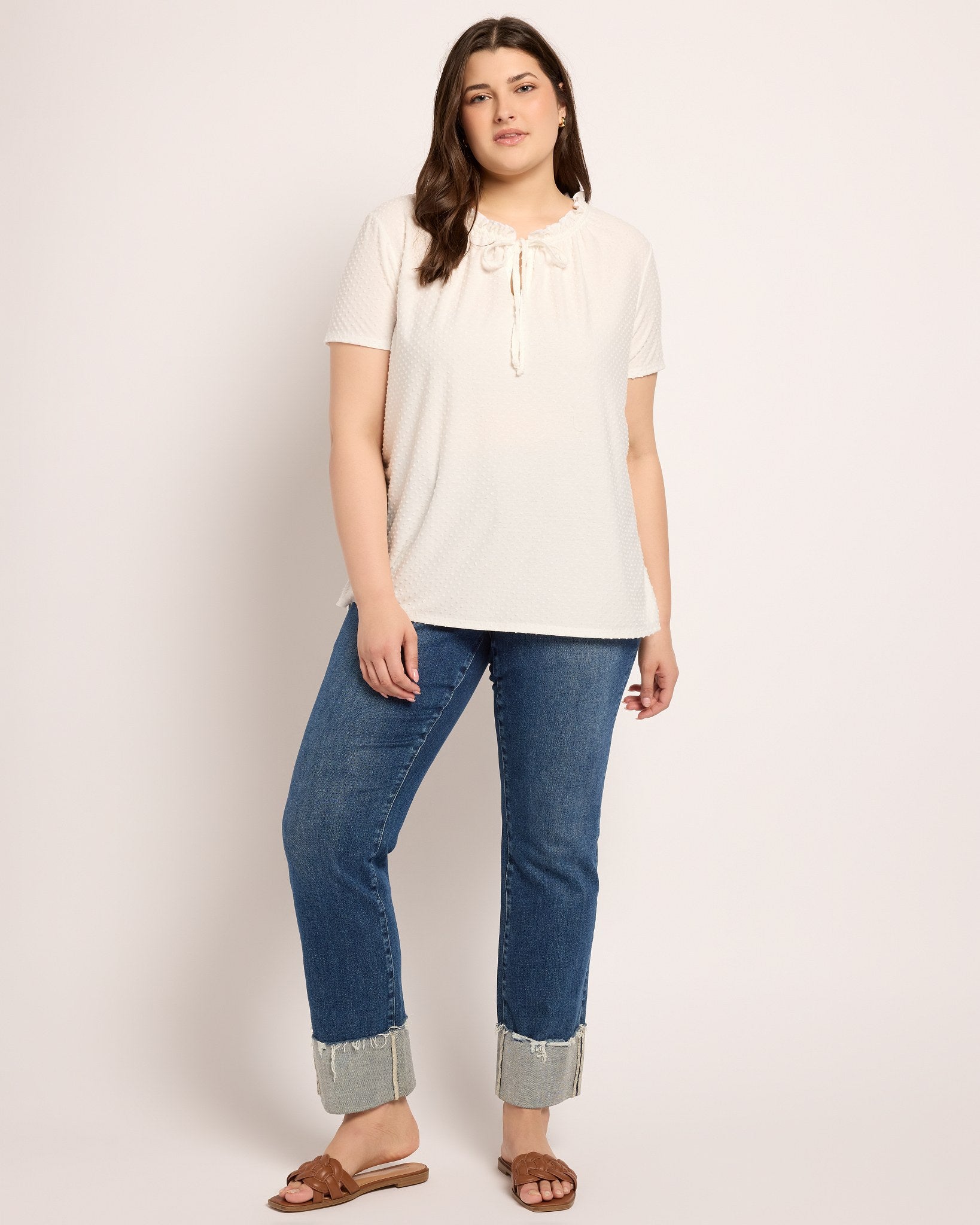 Ivory $|& Loveappella Ruffle Tie Short Sleeve Top - UGC On Fig