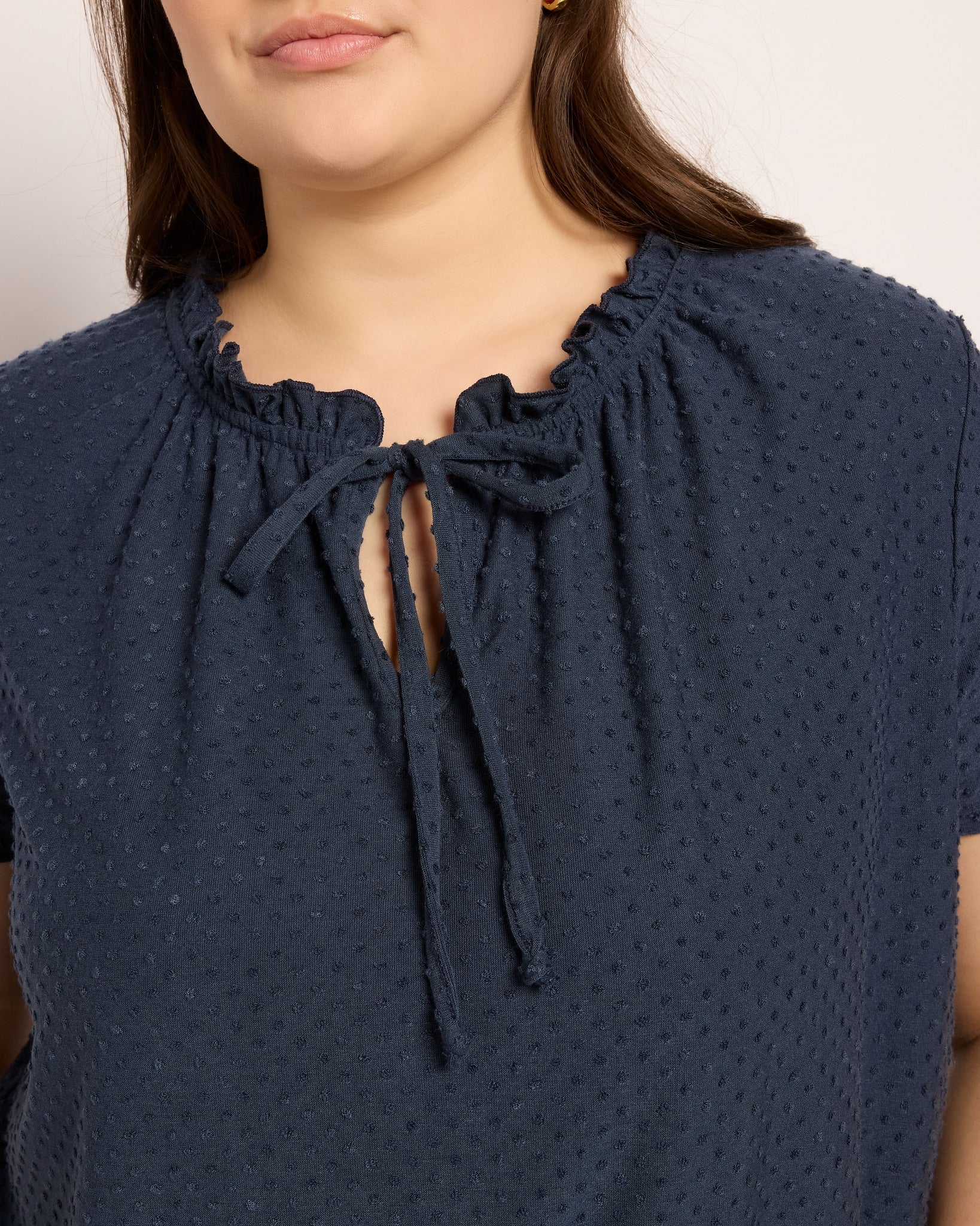 Navy $|& Loveappella Ruffle Tie Short Sleeve Top - SOF Full Front