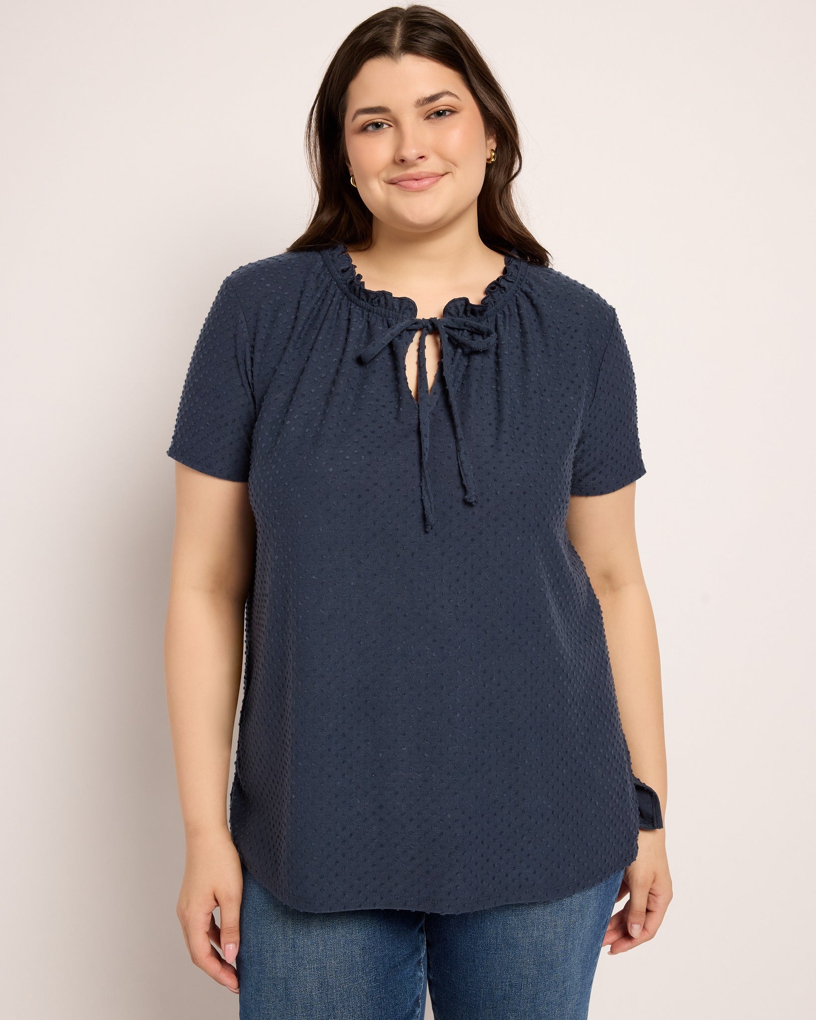 Navy $|& Loveappella Ruffle Tie Short Sleeve Top - SOF Front