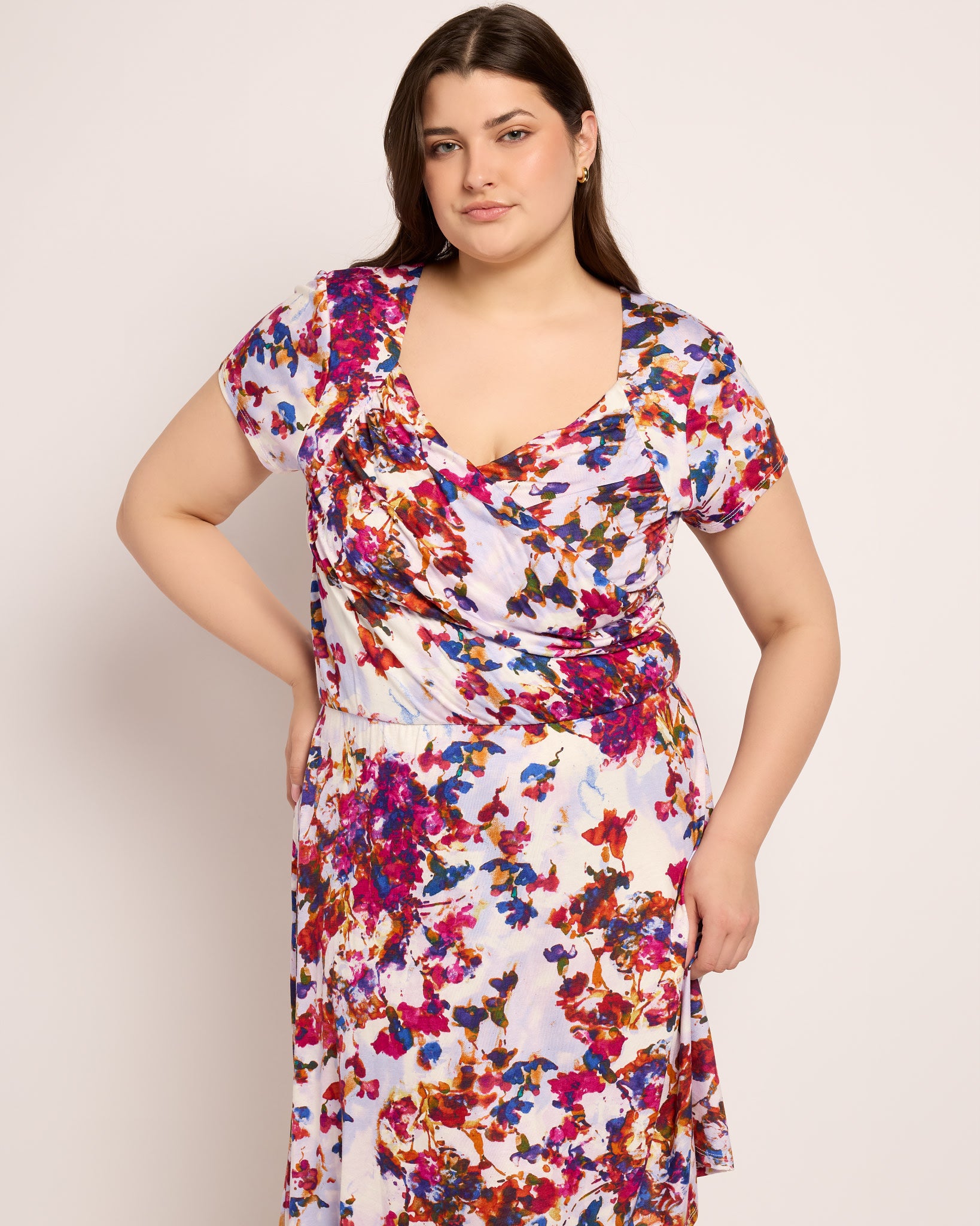 Fuchsia/Violet $|& Loveappella Floral Wrap Front Midi Dress - SOF Front