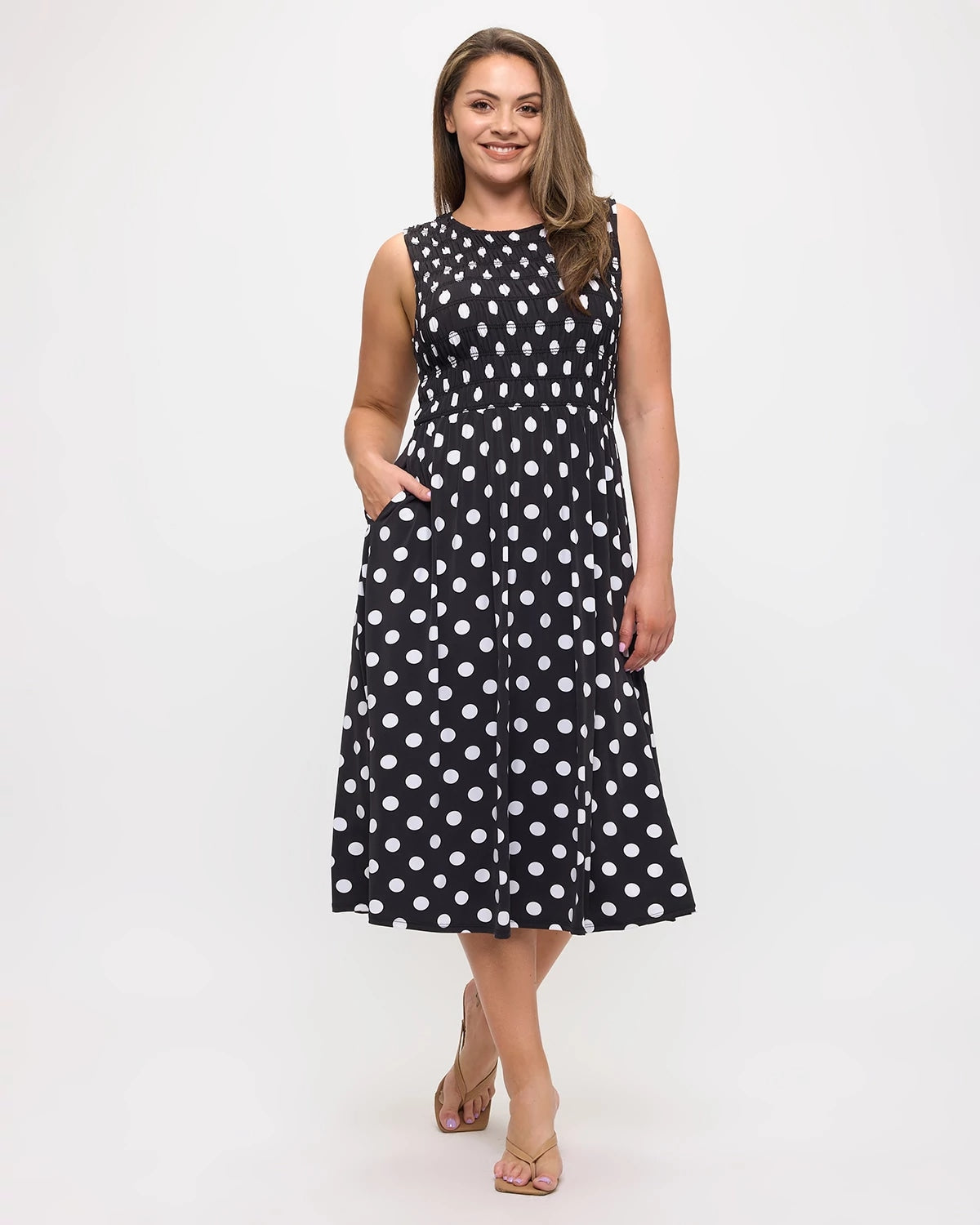 Black Polka Dot $|& West Kei Polka Dot Smocked Knit Dress - VOF Detail