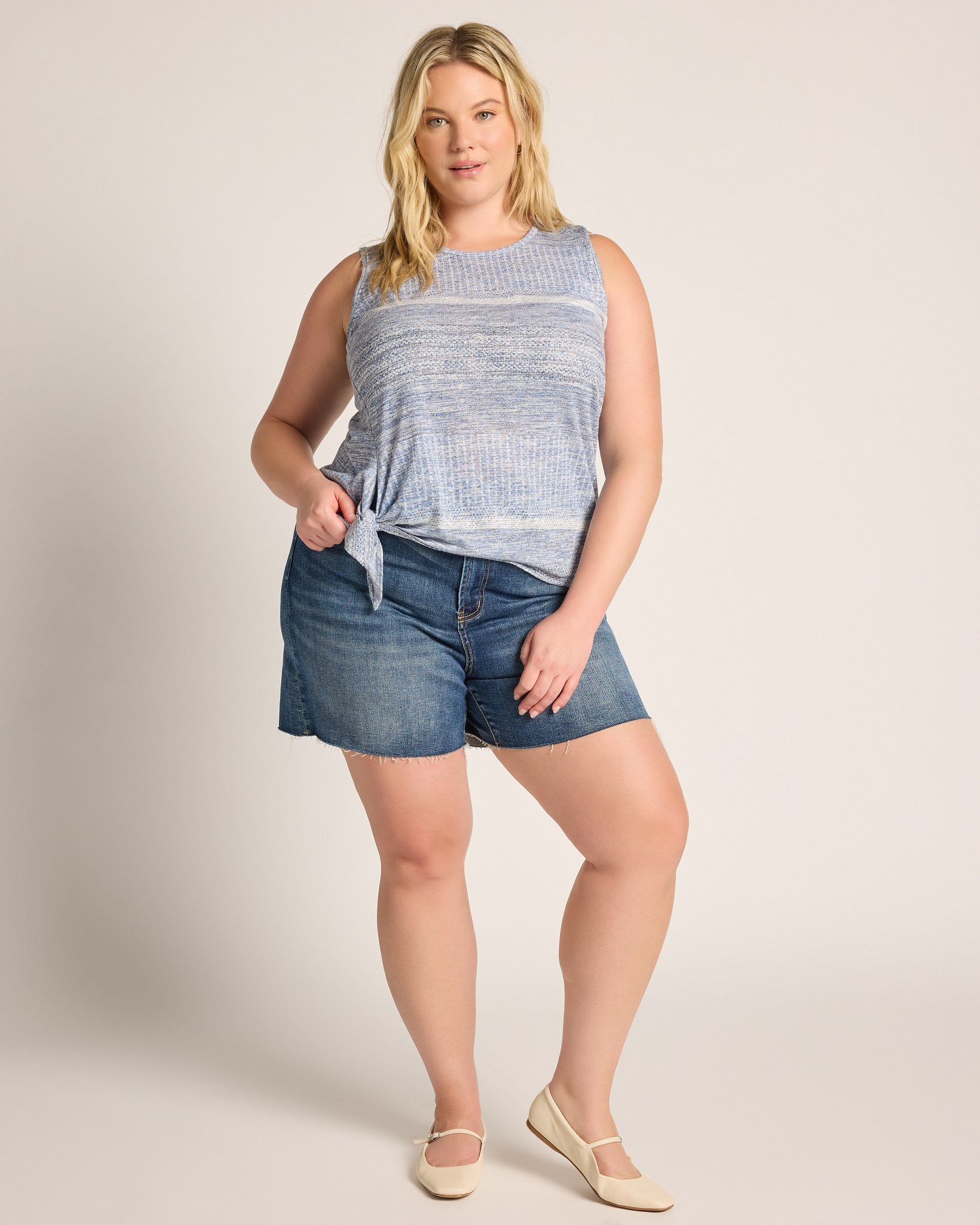 Blue Combo $|& Bobeau Sleeveless Tie Front Crew Neck Top - UGC On Fig