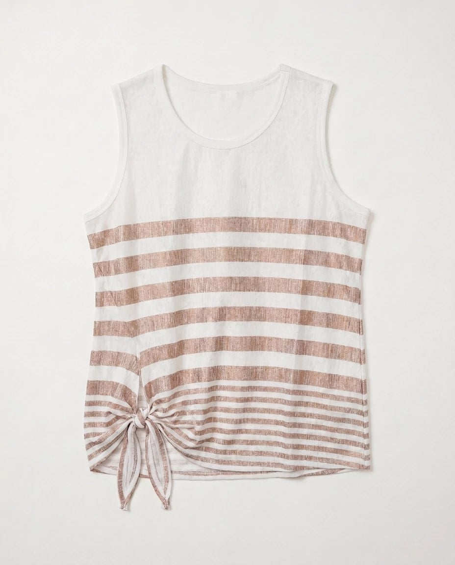 Ivory/Golden Brown $|& Bobeau Sleeveless Tie Front Crew Neck Top - Hanger Detail