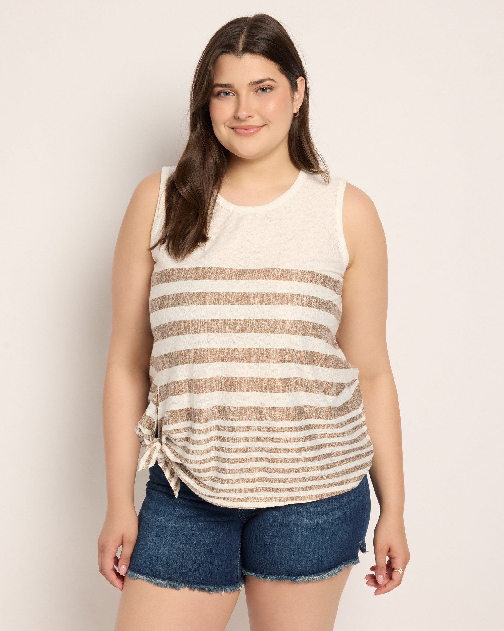Ivory/Golden Brown $|& Bobeau Sleeveless Tie Front Crew Neck Top - SOF Front