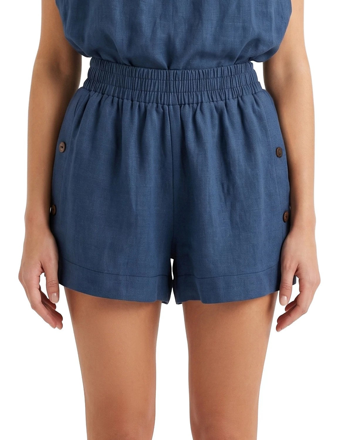 Navy $|& Salty Weekend Linen-Blend Short with Button Detail - VOF Detail