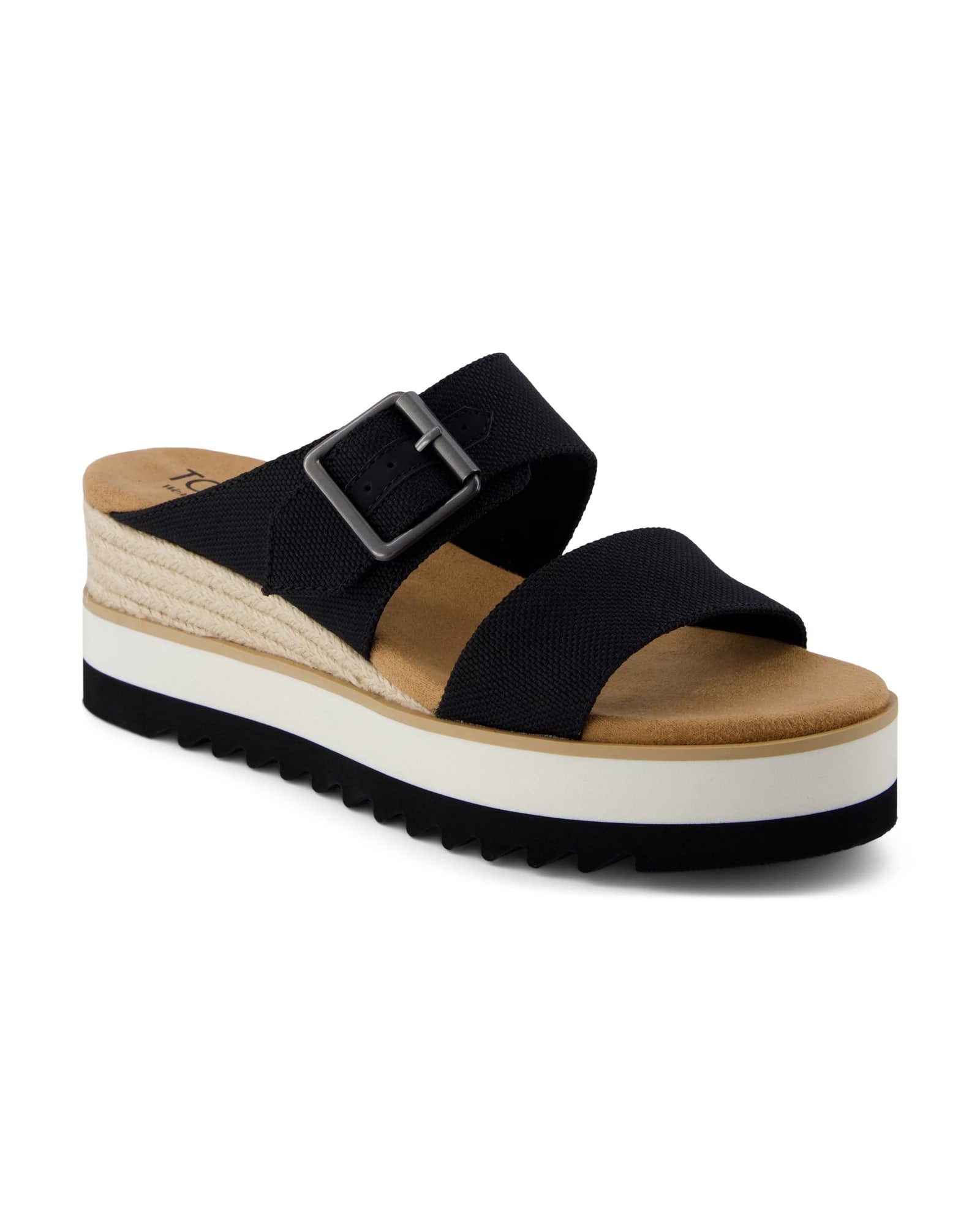 Black Heavy Canvas $|& TOMS Diana Mule Buckle Wedge Sandal - Hanger Back