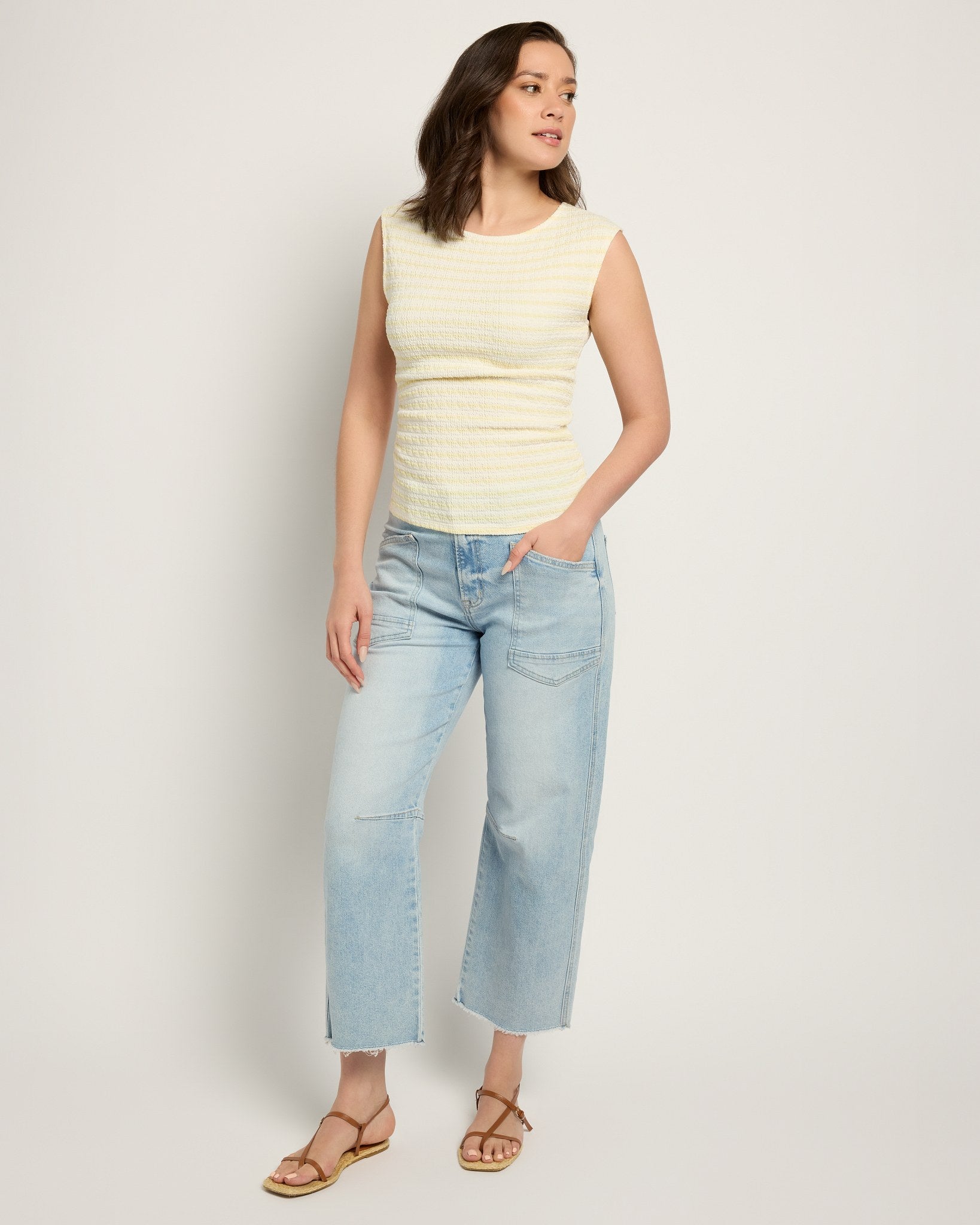 Ivory/Mellow Yellow $|& W. by Wantable Sleeveless Stripe Top with Side Ruching - UGC On Fig