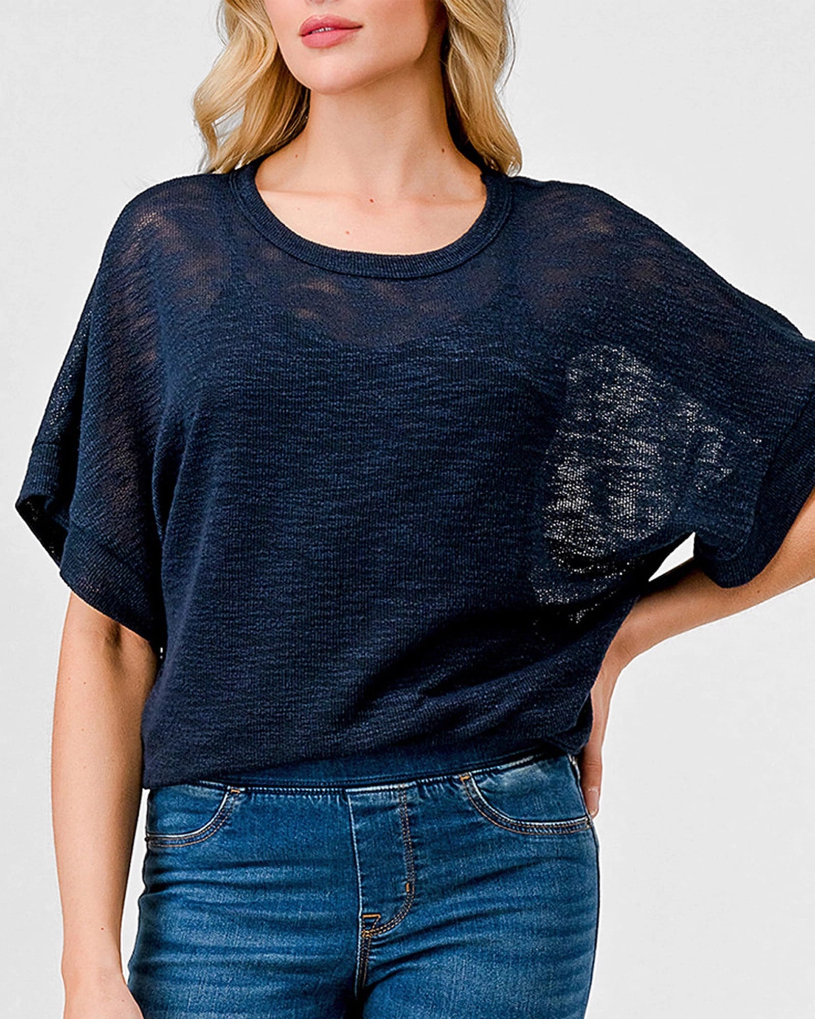Navy $|& W. by Wantable Short Kimono Sleeve Slub Top - VOF Detail