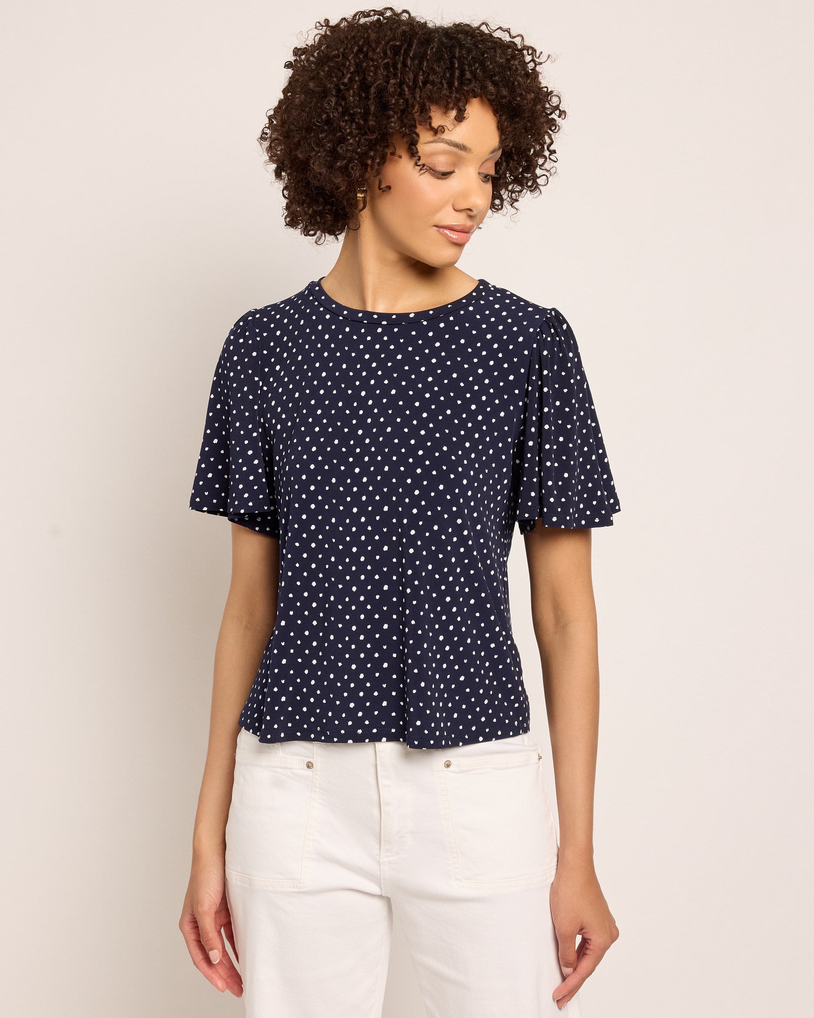 Navy Dot $|& Beacon & Haven Polka Dot Flutter Sleeve Knit Top - SOF Front