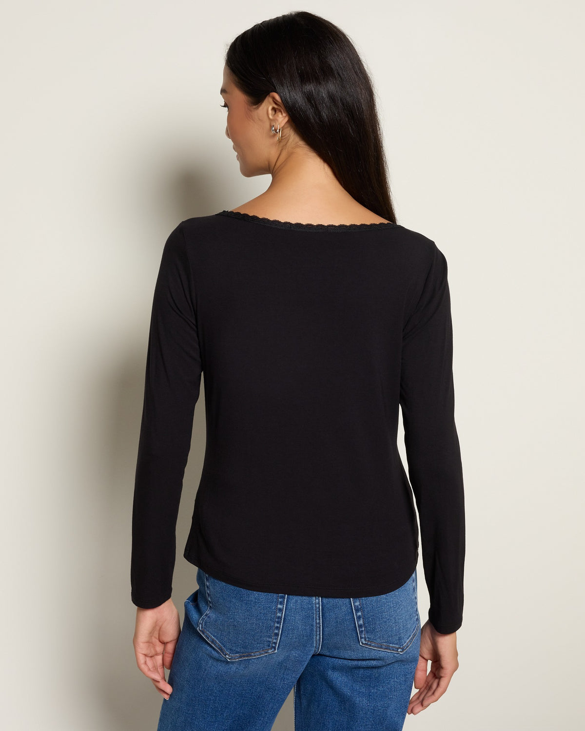 Black $|& Beacon & Haven Lace Trim Detail Knit Top - SOF Back