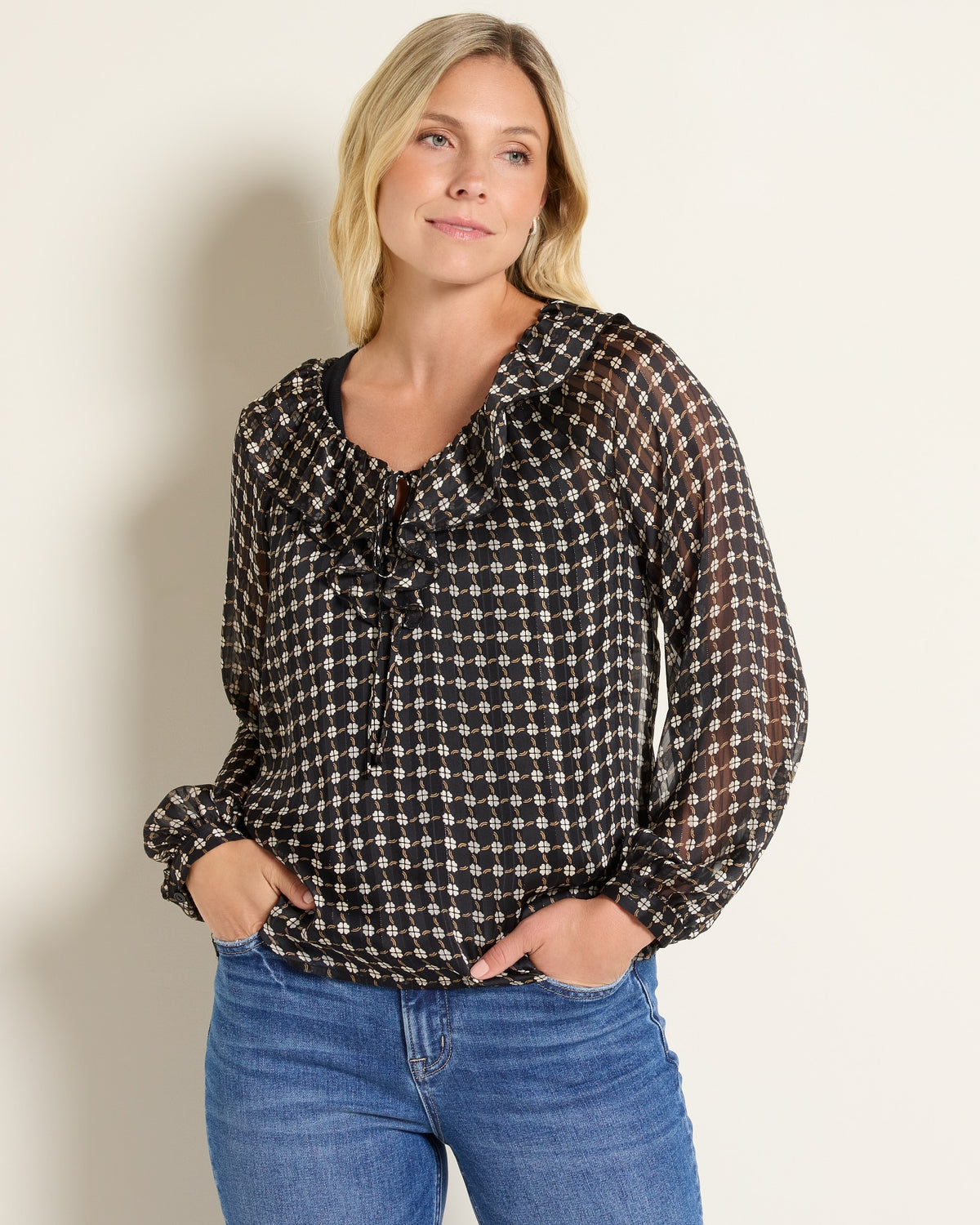 Black Clover $|& Beacon & Haven Printed Chiffon Long Sleeve Ruffle Blouse - SOF Front