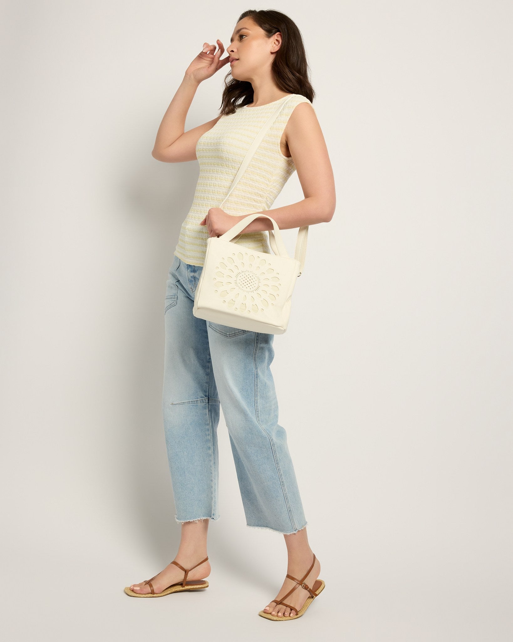 White $|& Joy Susan Flora Laser Cut Out Crossbody Tote - UGC On Fig
