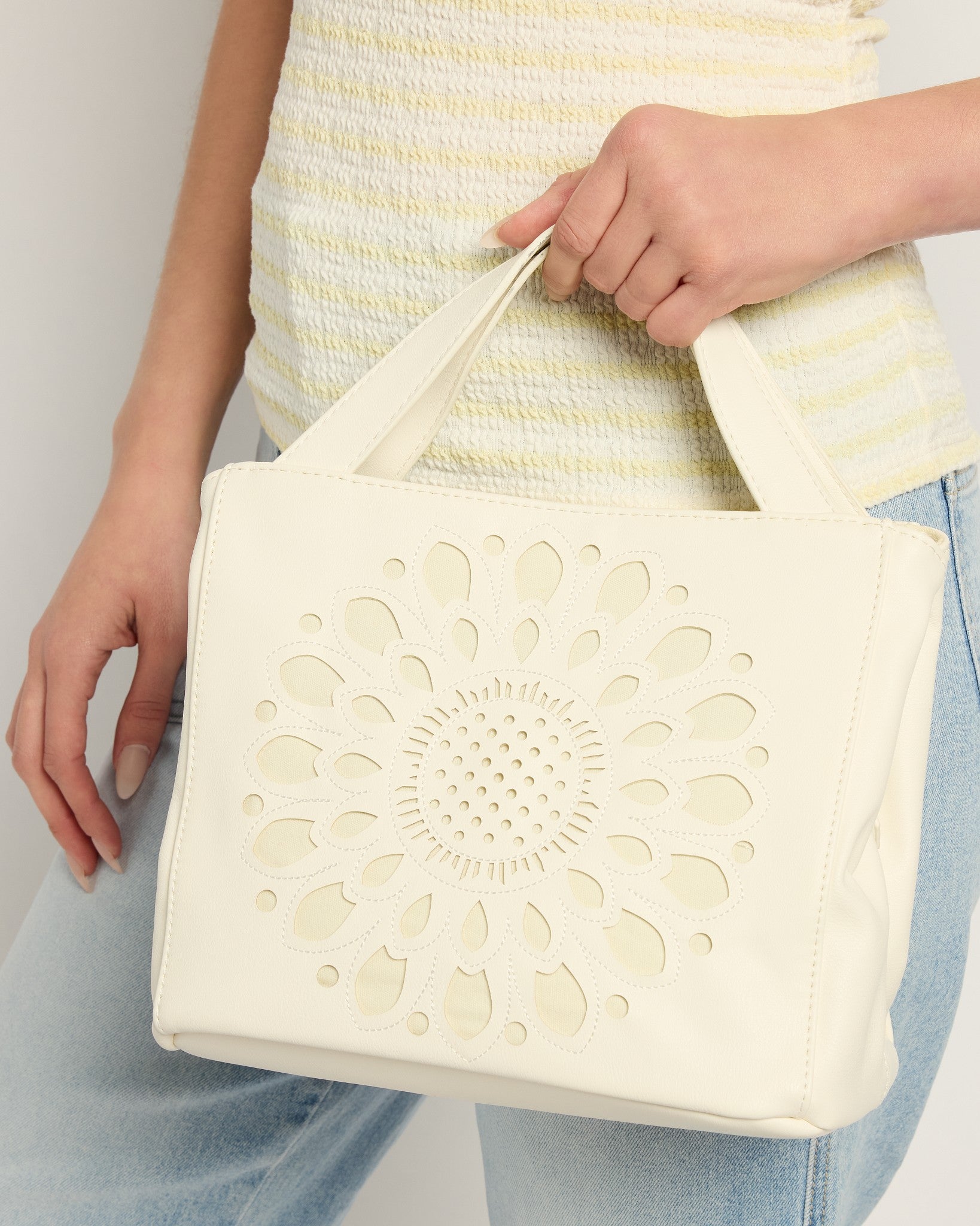 White $|& Joy Susan Flora Laser Cut Out Crossbody Tote - SOF Full Front