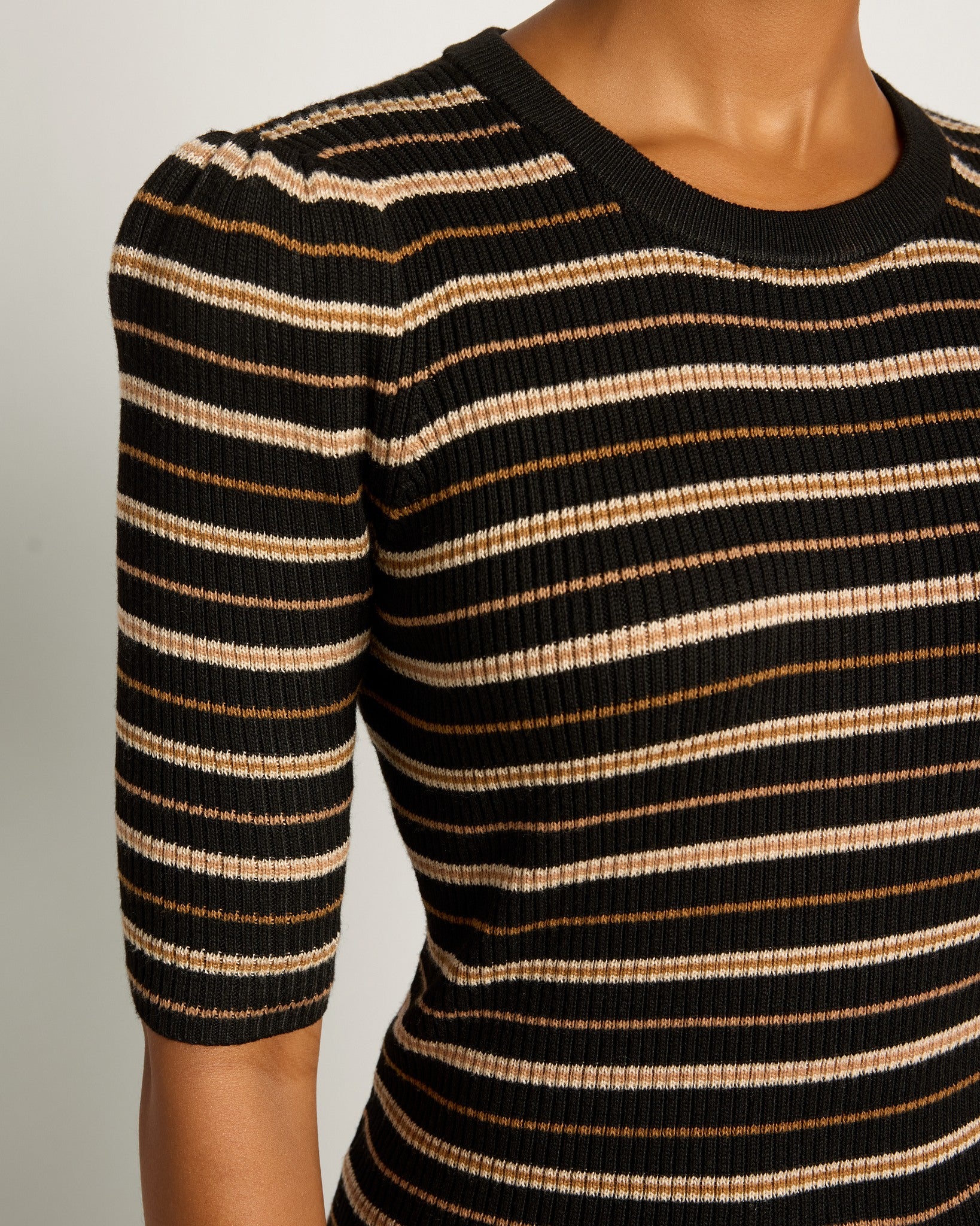 Black Stripe $|& SEAS Amelia Elbow Sleeve Striped Sweater Top - VOF Front