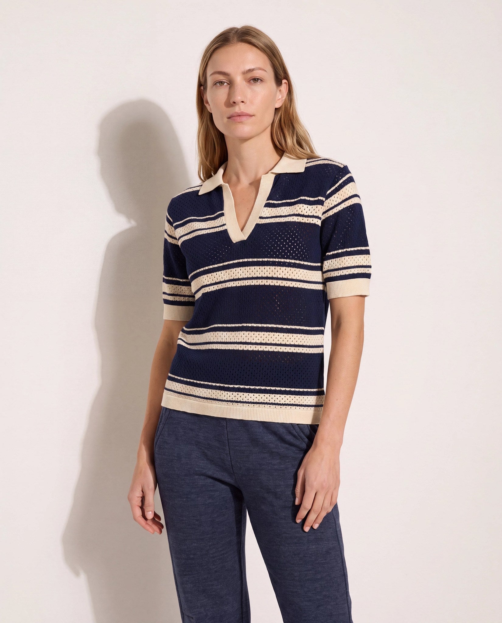 Ink Navy/Cream Stripe $|& Interval Serve Short Sleeve Polo - SOF Front