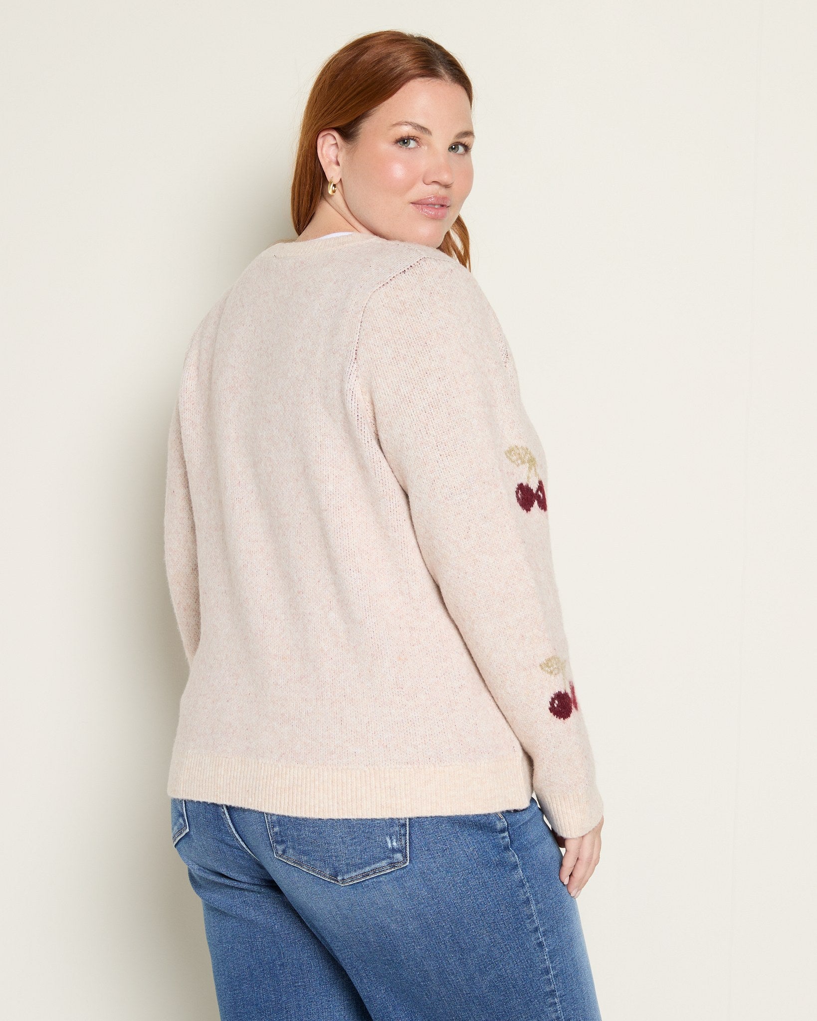 Oatmeal/Dark Red $|& Bobeau Cherries Button Front Soft Airy Yarn Cardigan - SOF Back