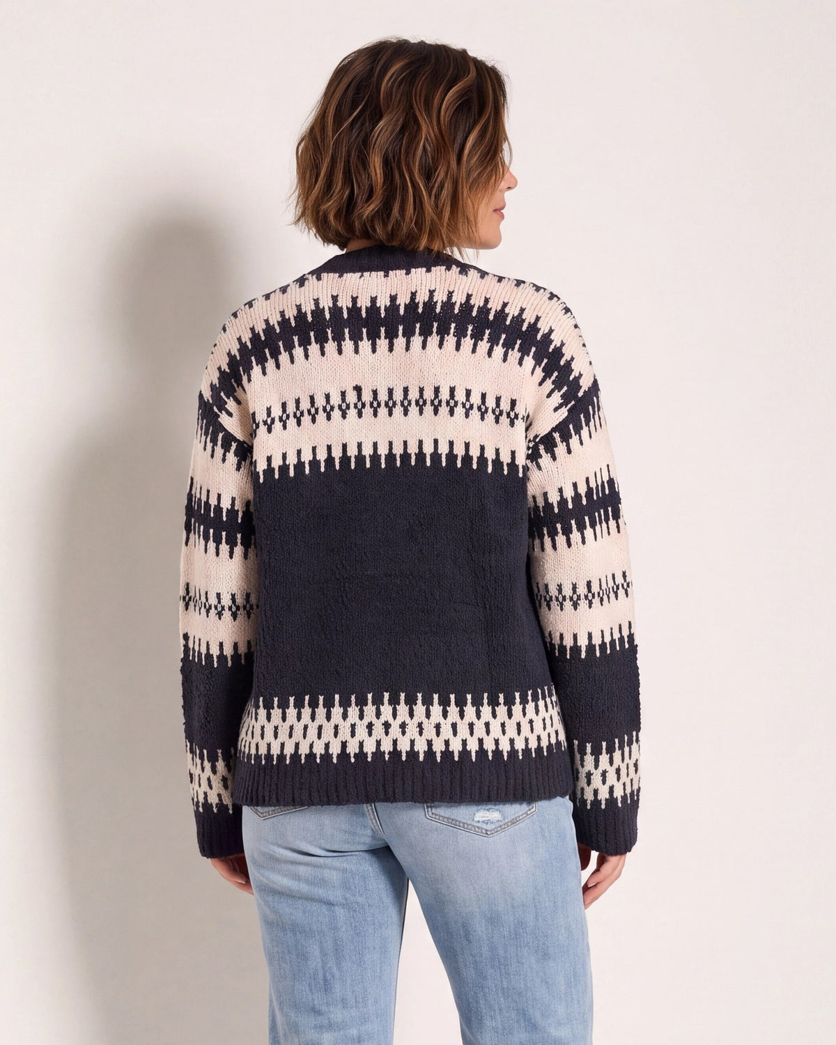 Charcoal/Cream/Light Pink $|& Bobeau Popcorn Fair Isle Cardigan - SOF Back