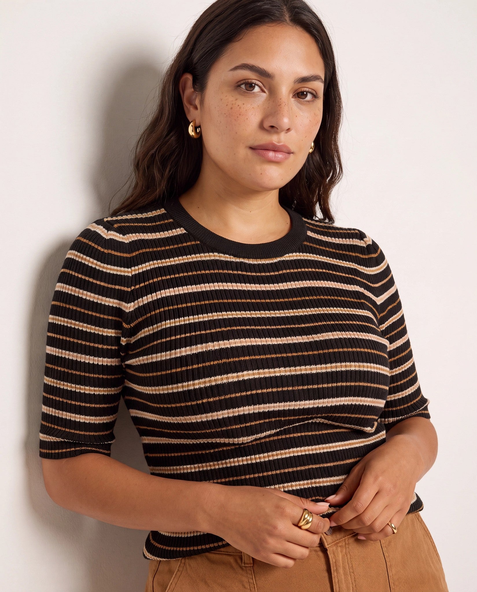 Black Stripe $|& SEAS Amelia Elbow Sleeve Striped Sweater Top - VOF Front