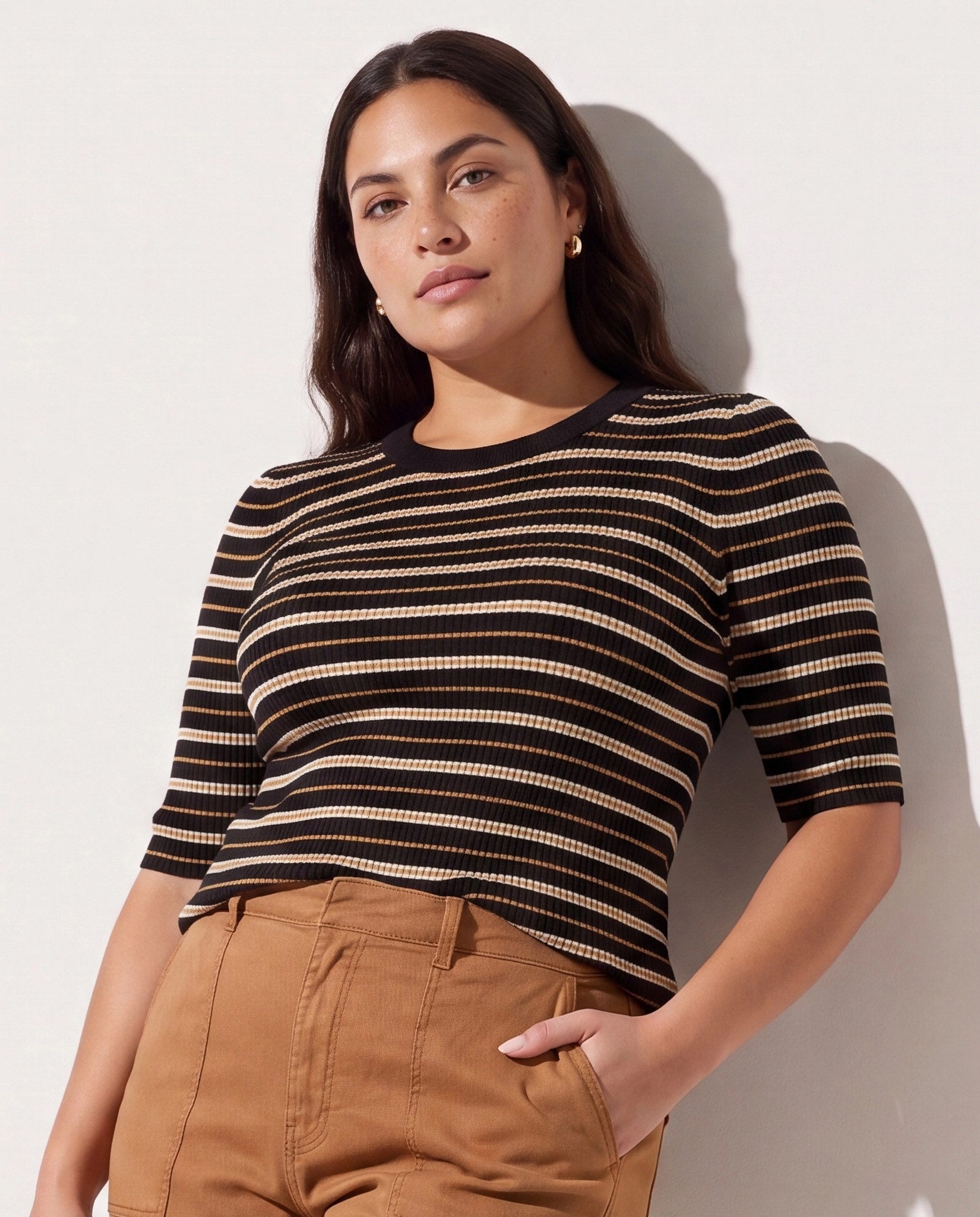 Black Stripe $|& SEAS Amelia Elbow Sleeve Striped Sweater Top - SOF Front
