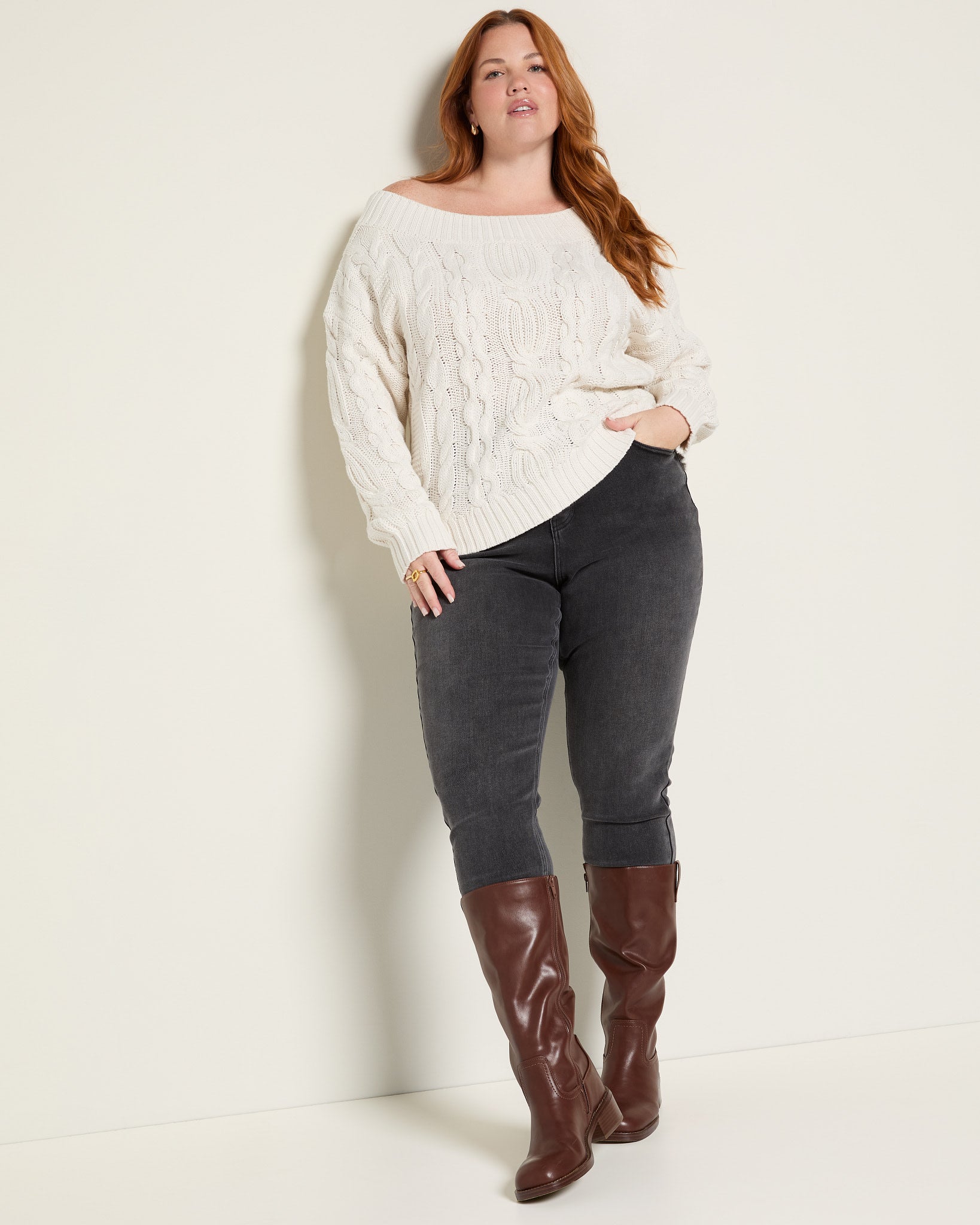 Cream $|& SEAS Delilah Off The Shoulder Cable Knit Sweater - UGC On Fig