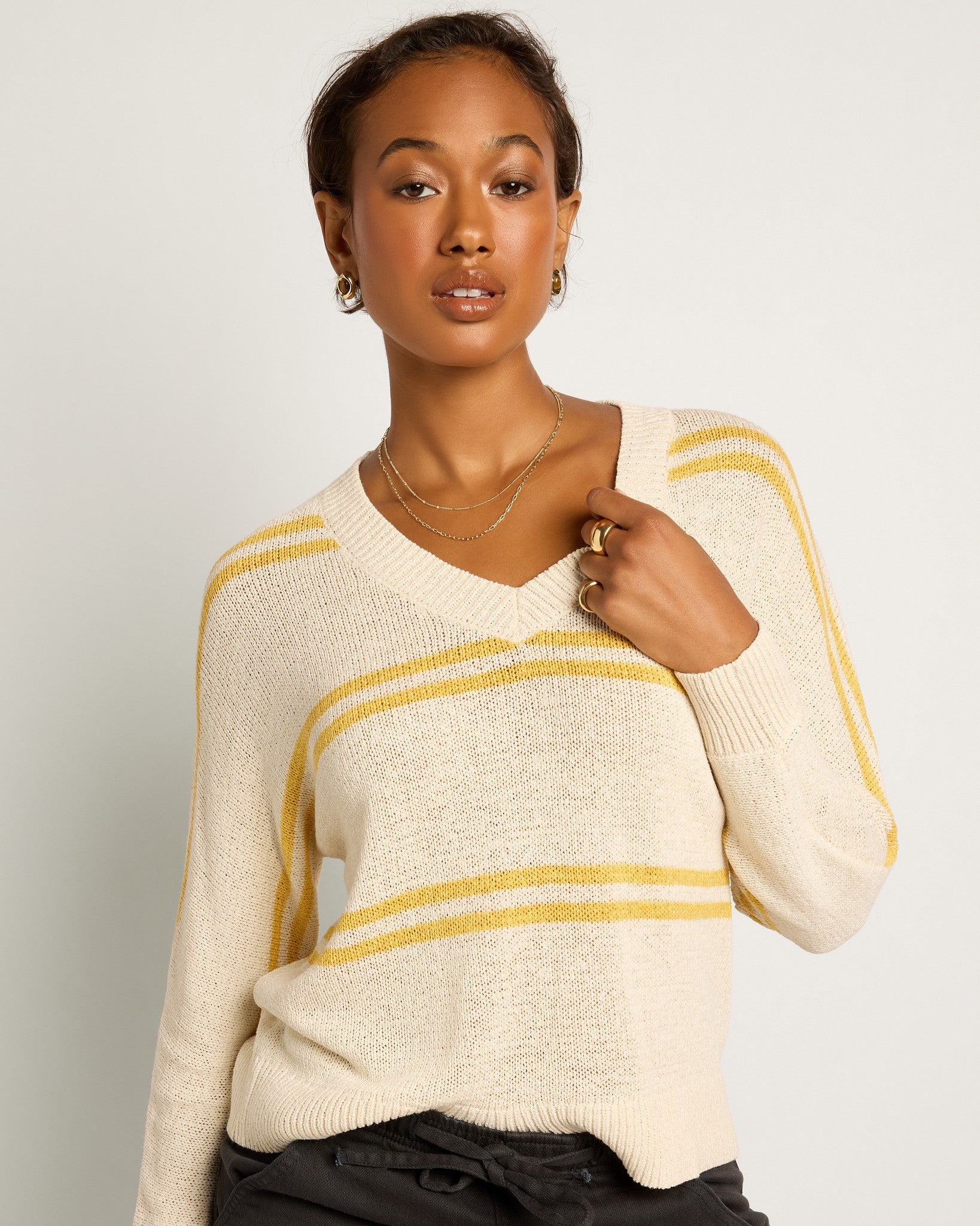 Cream/Saffron Stripe $|& SEAS Mila Striped V-Neck Sweater - VOF Front