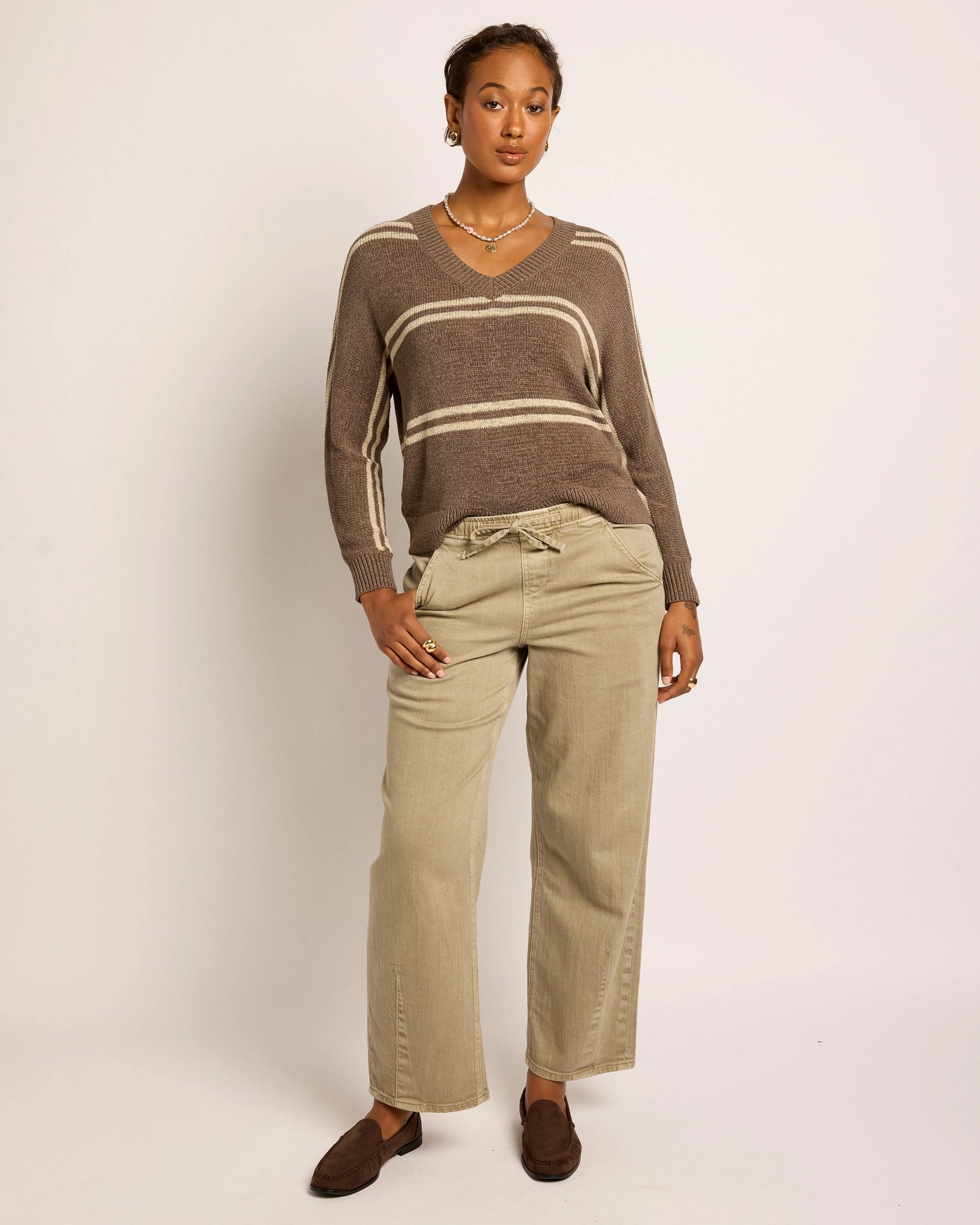 Ashwood/Grey Stripe $|& SEAS Mila Striped V-Neck Sweater - UGC On Fig