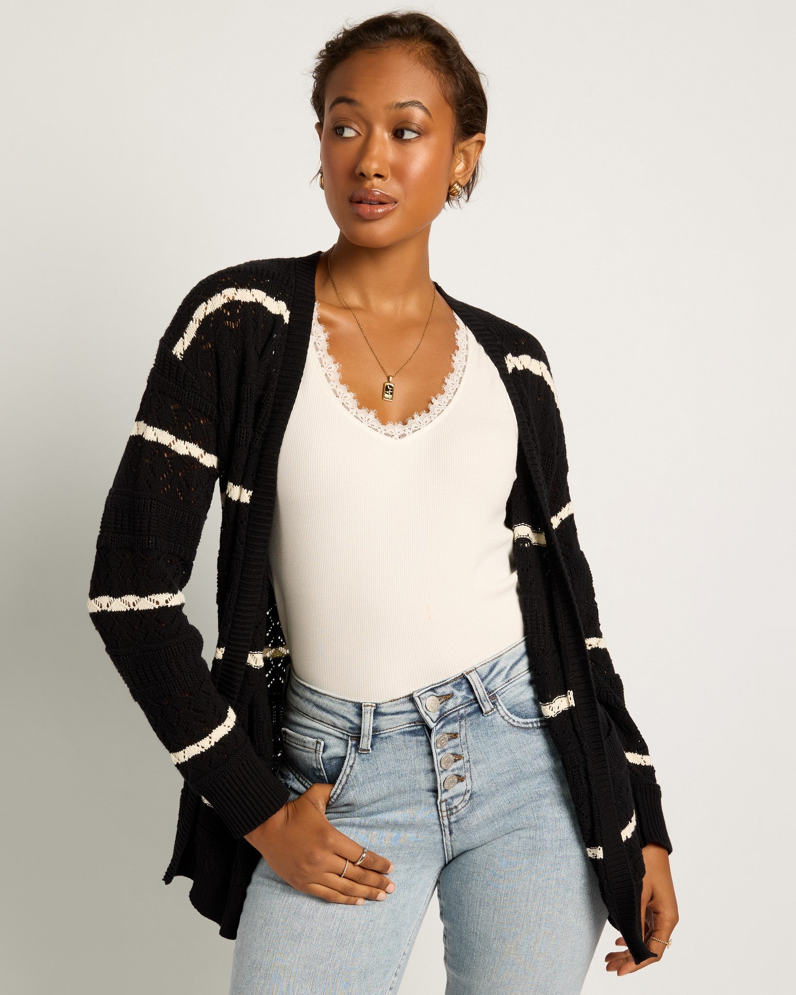 Black/Cream $|& SEAS Shore Pocket Cardigan - SOF Front