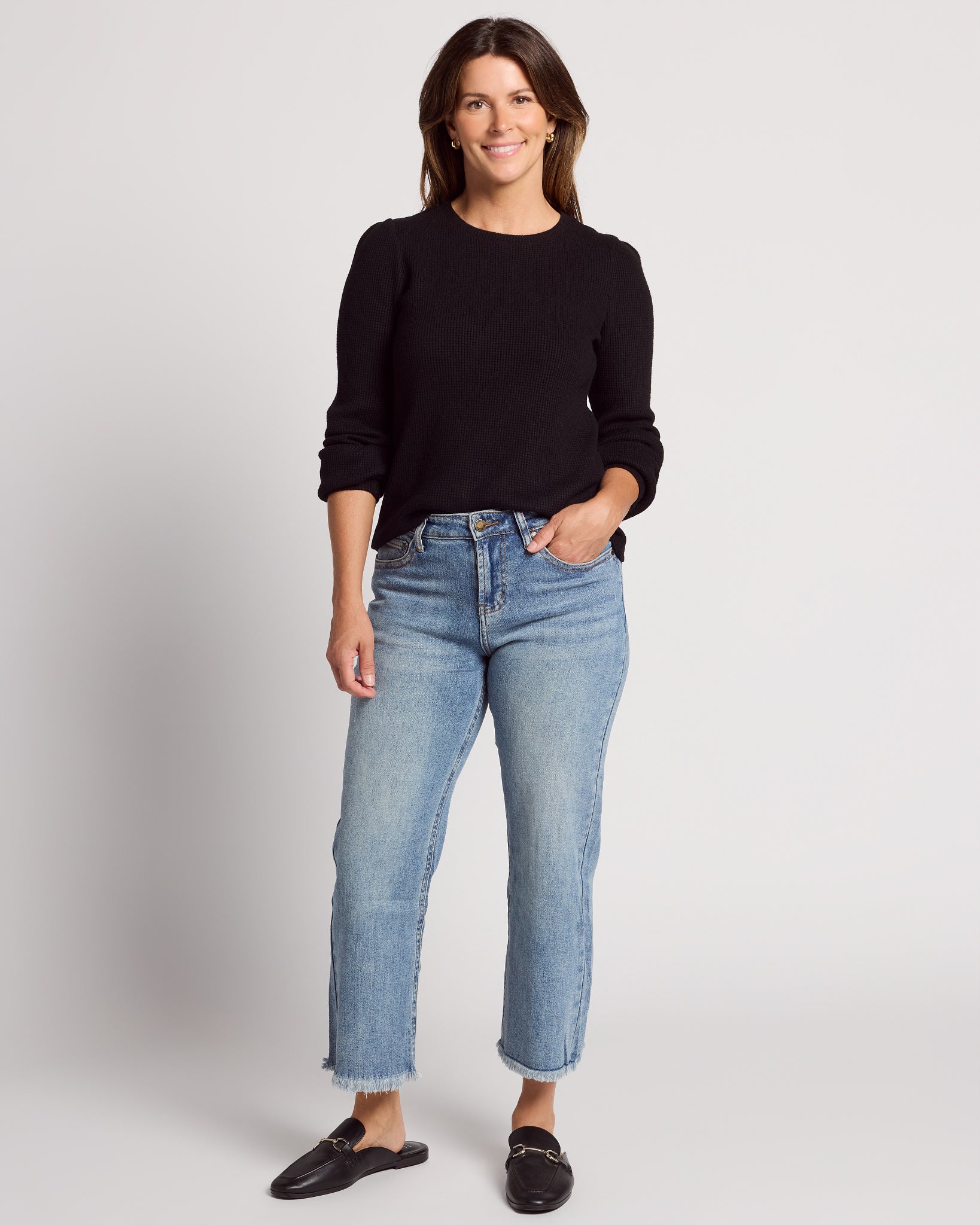 Washed Black $|& Herizon Saturday Shirred Sleeve Thermal Top - SOF Front