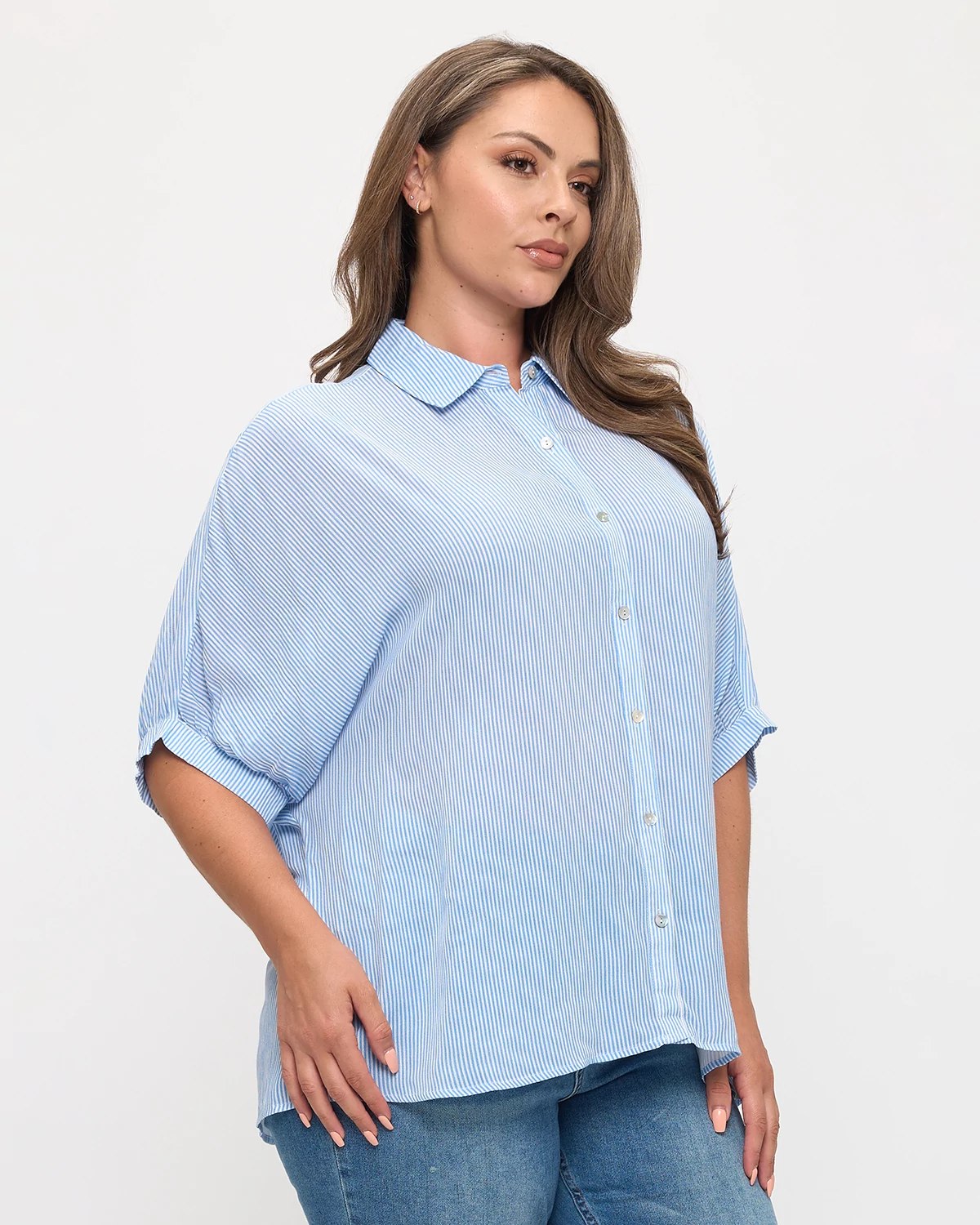 Blue Stripe $|& West Kei Dolman Sleeve Button Down Shirt - Hanger Front