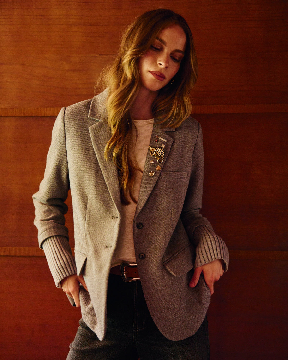 Heather Grey $|& SEAS Cathy Ribbed Cuff Blazer - SOF Side