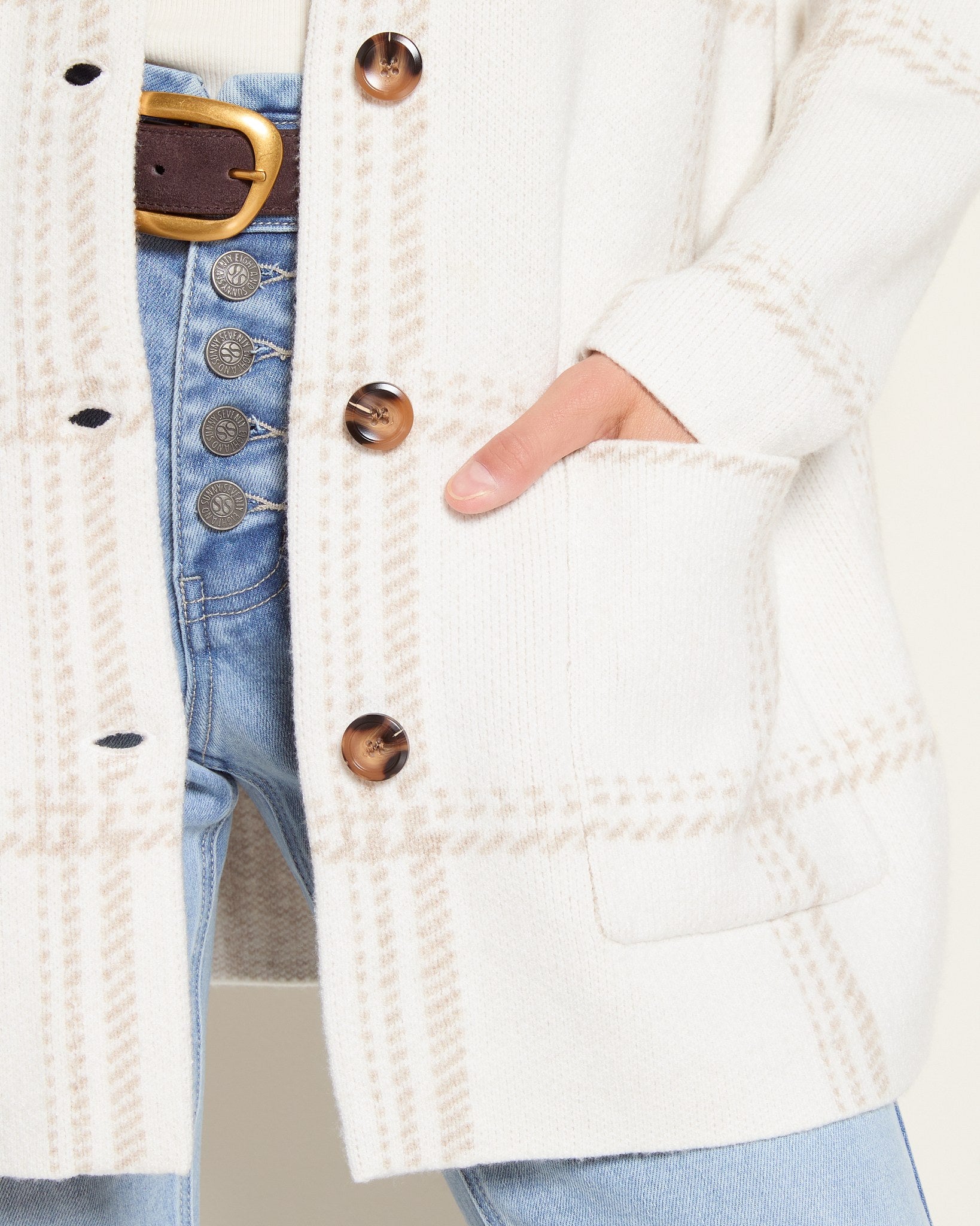 Cream Plaid $|& SEAS Riverbank Elongated Coatigan - VOF Front